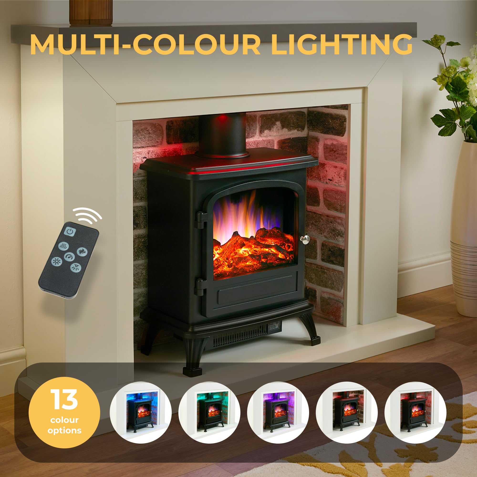 Endeavour Fires Farlington kominek elektryczny, czarny piecyk na balony, 122 cm, białe światło, oświetlenie LED z realistycznym efektem płomienia, 2 kW grzejnik wentylatorowy z pilotem zdalnego sterowania (szara góra, rustykalna cegła)