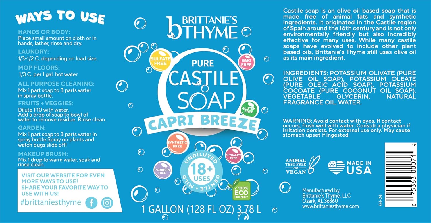 Brittanie's Thyme Brittanie's Pure Organic Castile Liquid Soap Refill, Capri Breeze Volcano Scent, Face Body Dishes Pets & Laundry, Vegan Gluten Free Non-GMO, Tropical Sugared Citrus, 128 Fl Oz