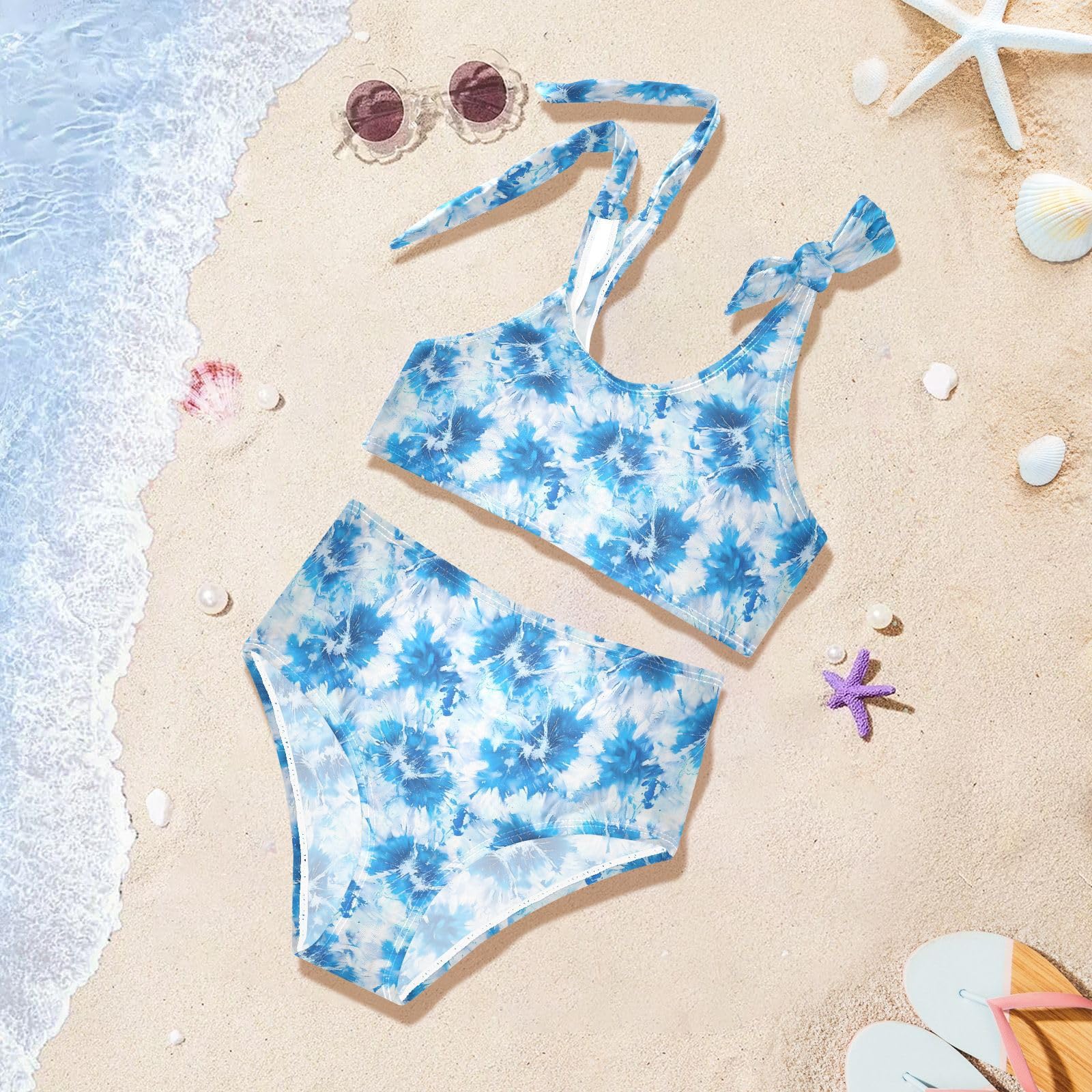 Blue Tie Dye Girls Two Piece Tankini Swimsuits Summer Bathing Suit Beach Swimwear Set, 3T