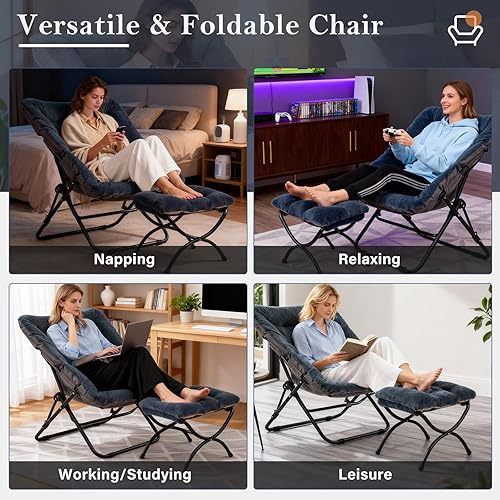 Miniatura 83 de Silla platillo, cómodas sillas de dormitorio, silla plegable de piel sintética de gran tamaño, silla plegable con marco de metal para sala de estar,