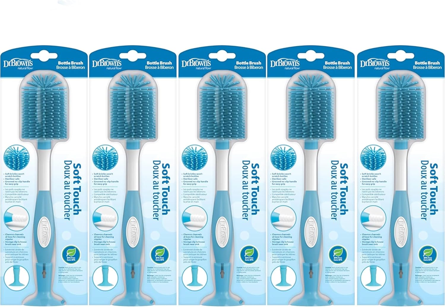 Dr. Brown's Soft Touch No Scratch Baby Bottle Cleaning Brush, Nipple Cleaner & Suction Cup Base for Easy Storage, BPA Free, Blue (Pack of 5)
