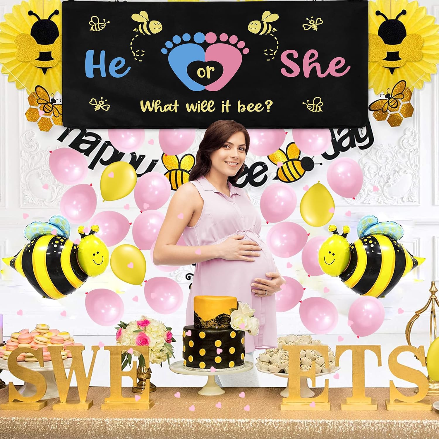 Tenshun What Will It Bee Gender Reveal Balloon Drop Bag He or She Zipper Bag with Pink and Blue Balloons Confetti Bee Themed Boy or Girl Baby Shower Sex Reveal Party Decoration Supplies image 3