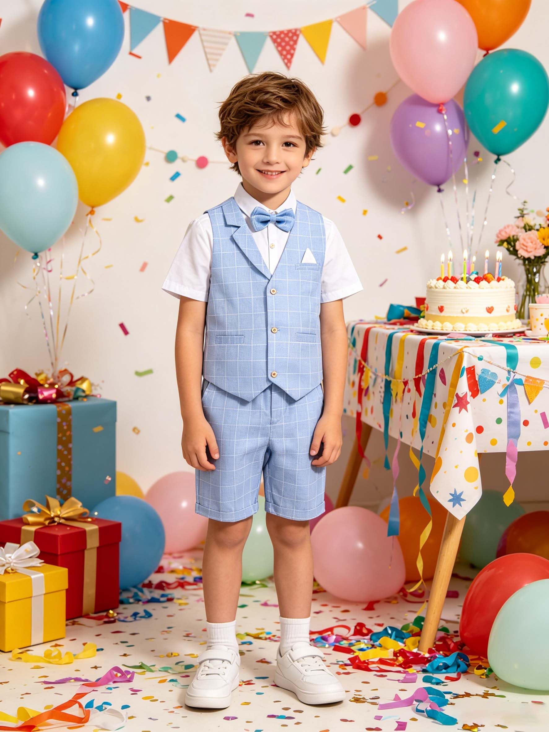 LOLANTA 4PZ Completo Cerimonia Bambino, Abito Bimbo Estivo con Gilet Pantalone Camicia e Papillon per 2-12 Anni