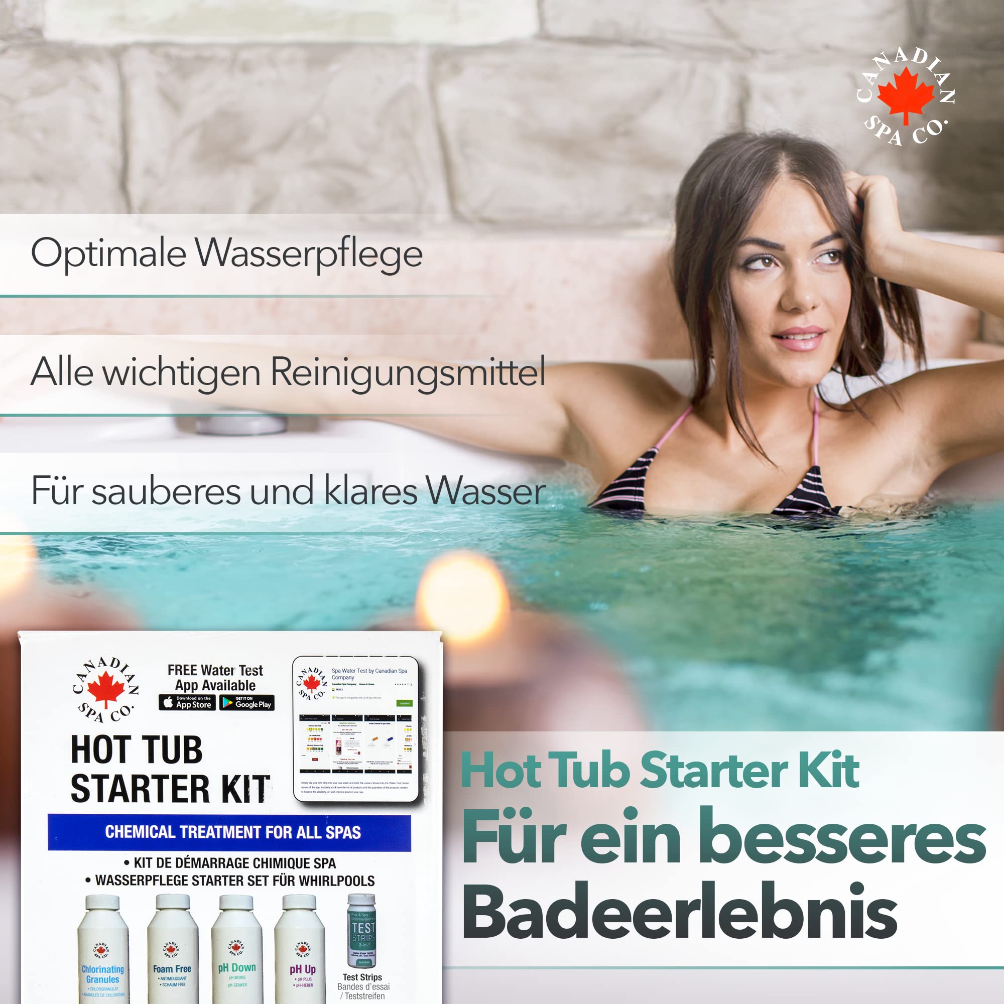 CANADIAN SPA CO. Whirlpool Reinigungsset 5-teilig mit Chlorgranulat, pH-Heber & pH-Senker, Schaum Entferner und 3-in-1 Teststreifen, Pool Zubehör Reinigung für sauberes Wasser