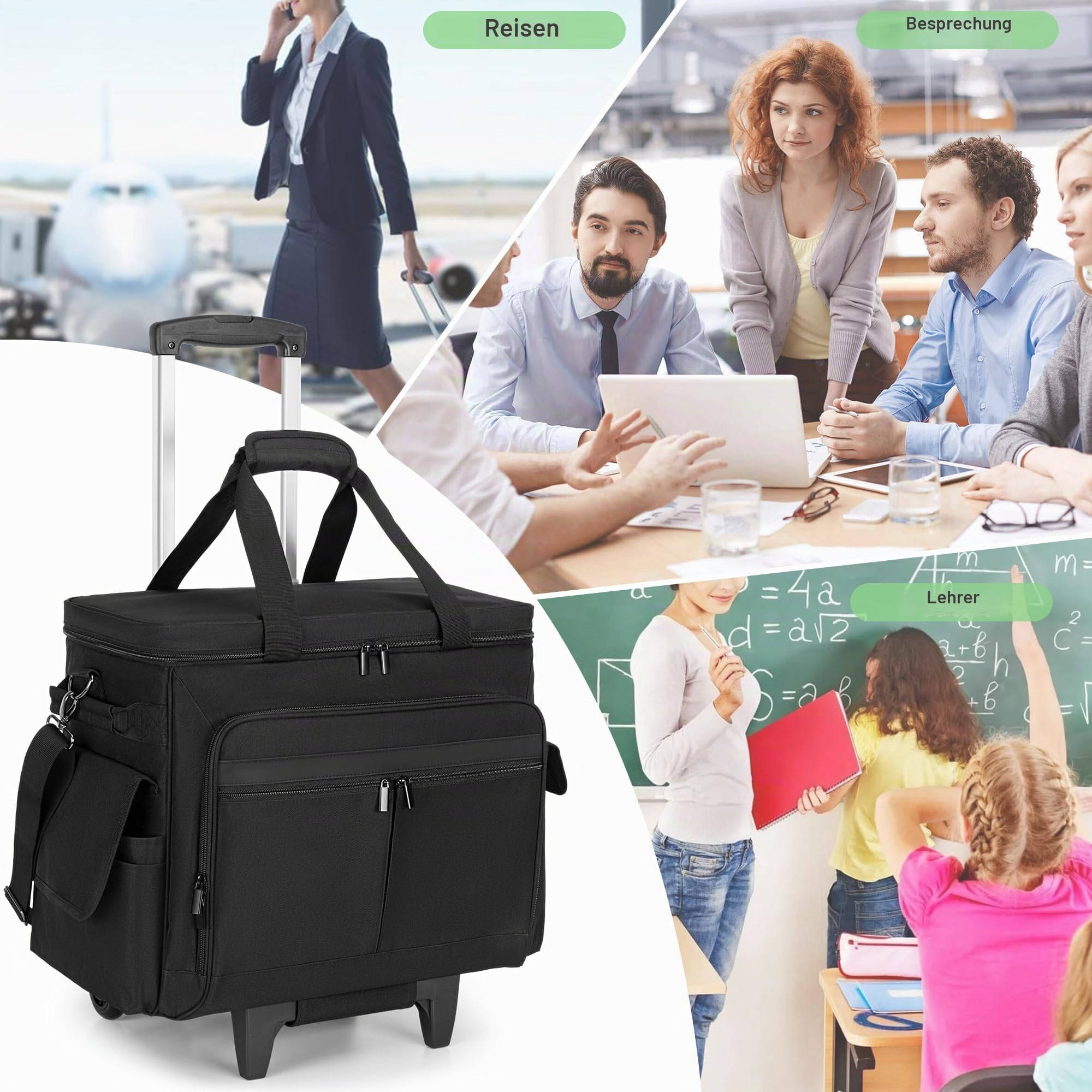 Trunab Multifunktionale Lehrertasche mit Abnehmbarem Trolley, Schwarz | Arbeitstasche für Lehrer mit Erweiterbarem Aktenfach, Teacher Tote Bag mit Rädern für bis zu 15,6 Zoll Laptop
