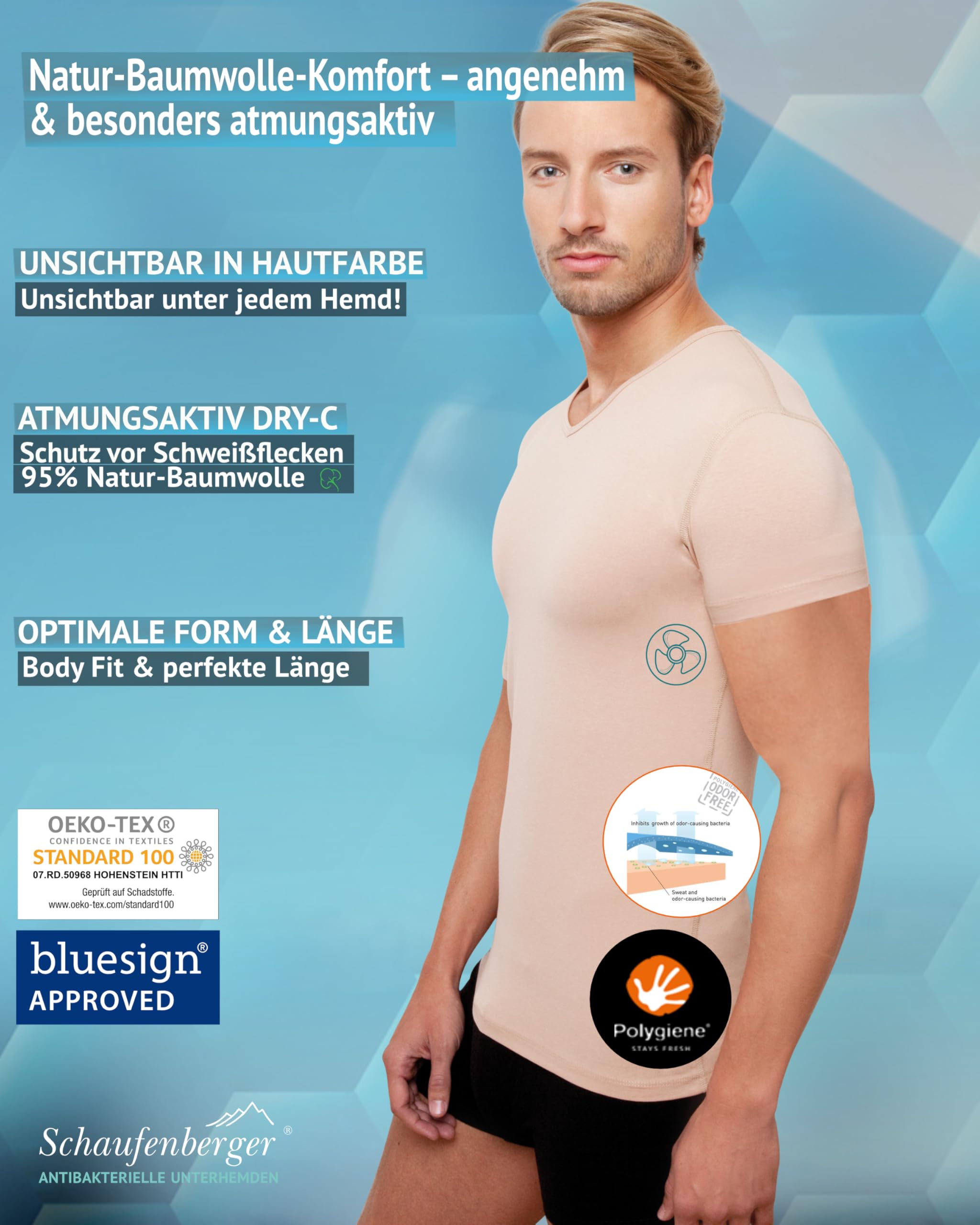 UNSICHTBAR & ANTIBAKTERIELL Geruchsneutrales 1/4 Arm Premium Unterhemd