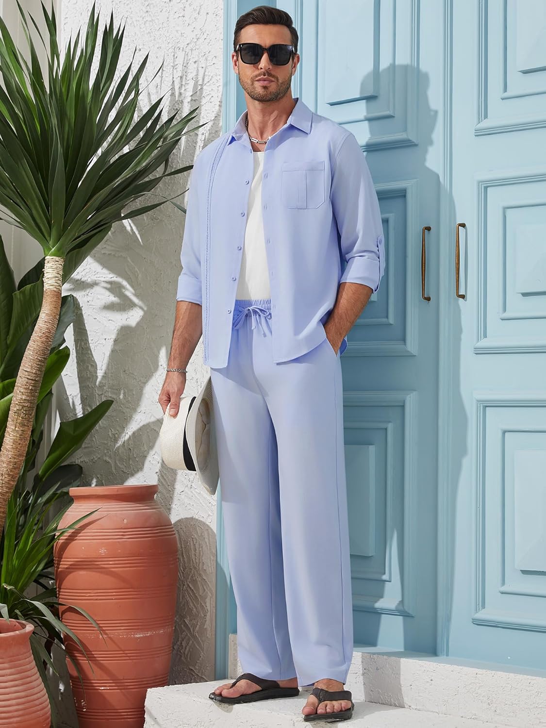 WEEN CHARM Mens Shirts Casual 2 Piece Long Sleeve Button Down Cuban Shirt and Pants Set Summer Beach Outfits - Image 4