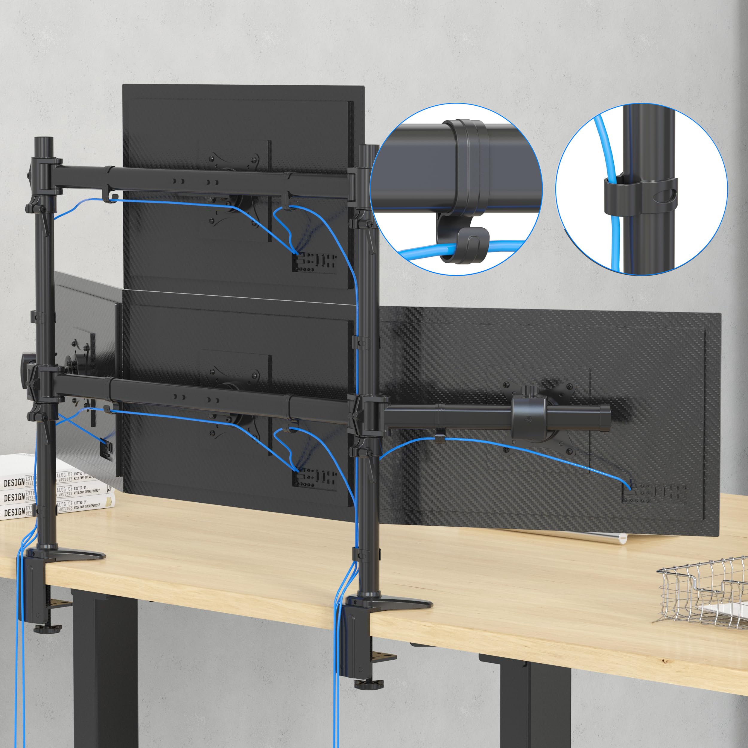 HFTEK MS424C-N - Brazo para 4 monitores de hasta 27" (4 posiciones, monitor superior de hasta 34" (12 kg), altura regulable, VESA 75/100, orientable, inclinable, giratorio, convertible individualmente