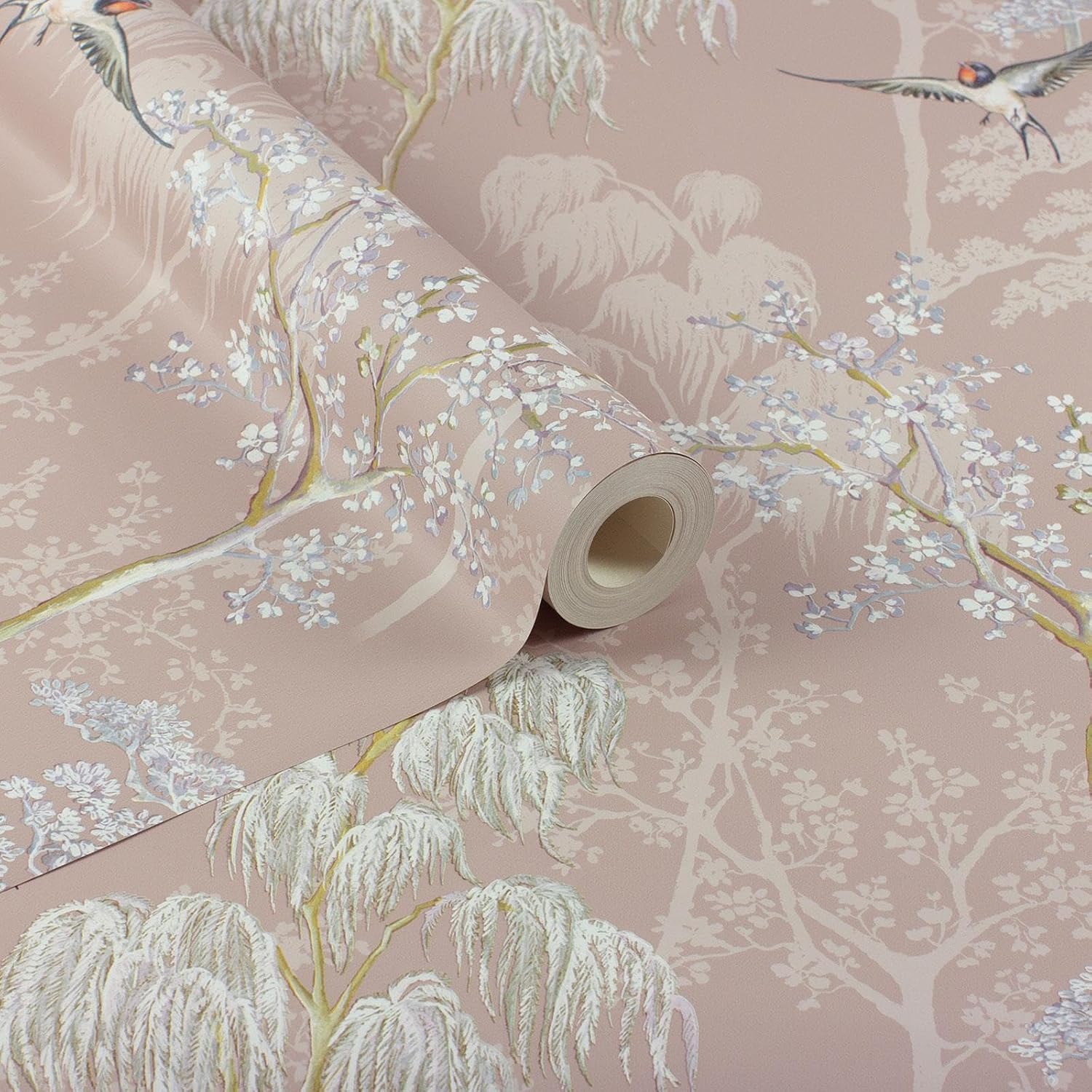 World of Wallpaper Japanese Garden Inspired Oriental Asian Themed Wallpaper for Living Room and Bedroom Cherry Blossom Trees and Oriental Birds Wallpaper Blush Pink E100335AH