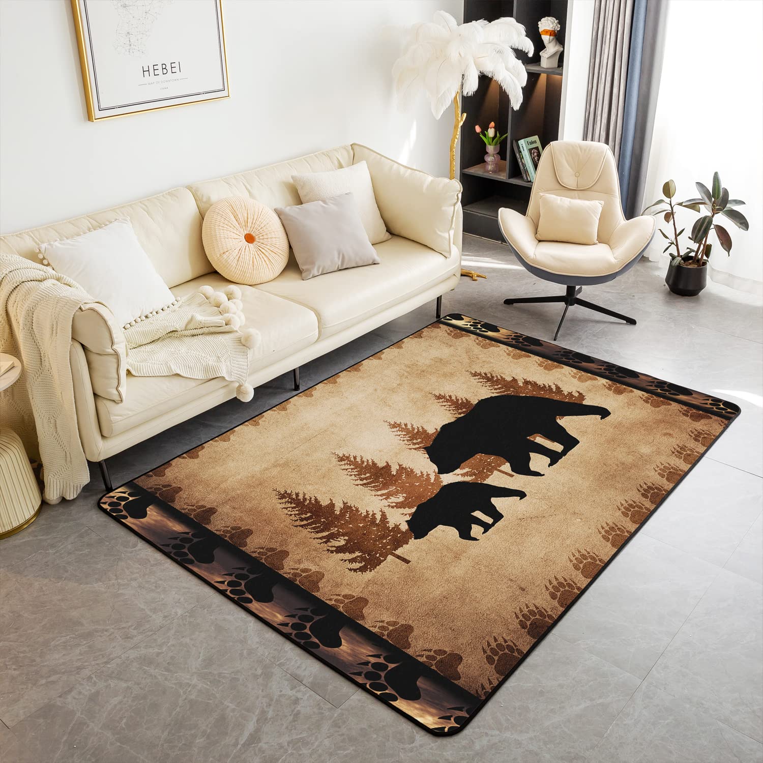 Tappeto per Bambini della Fattoria Animale Selvatico - Soggiorno, Camera da Letto Retrò - Orso Famiglia Marrone con Zampe - Decor Tappetino Accento 100 x 150 cm