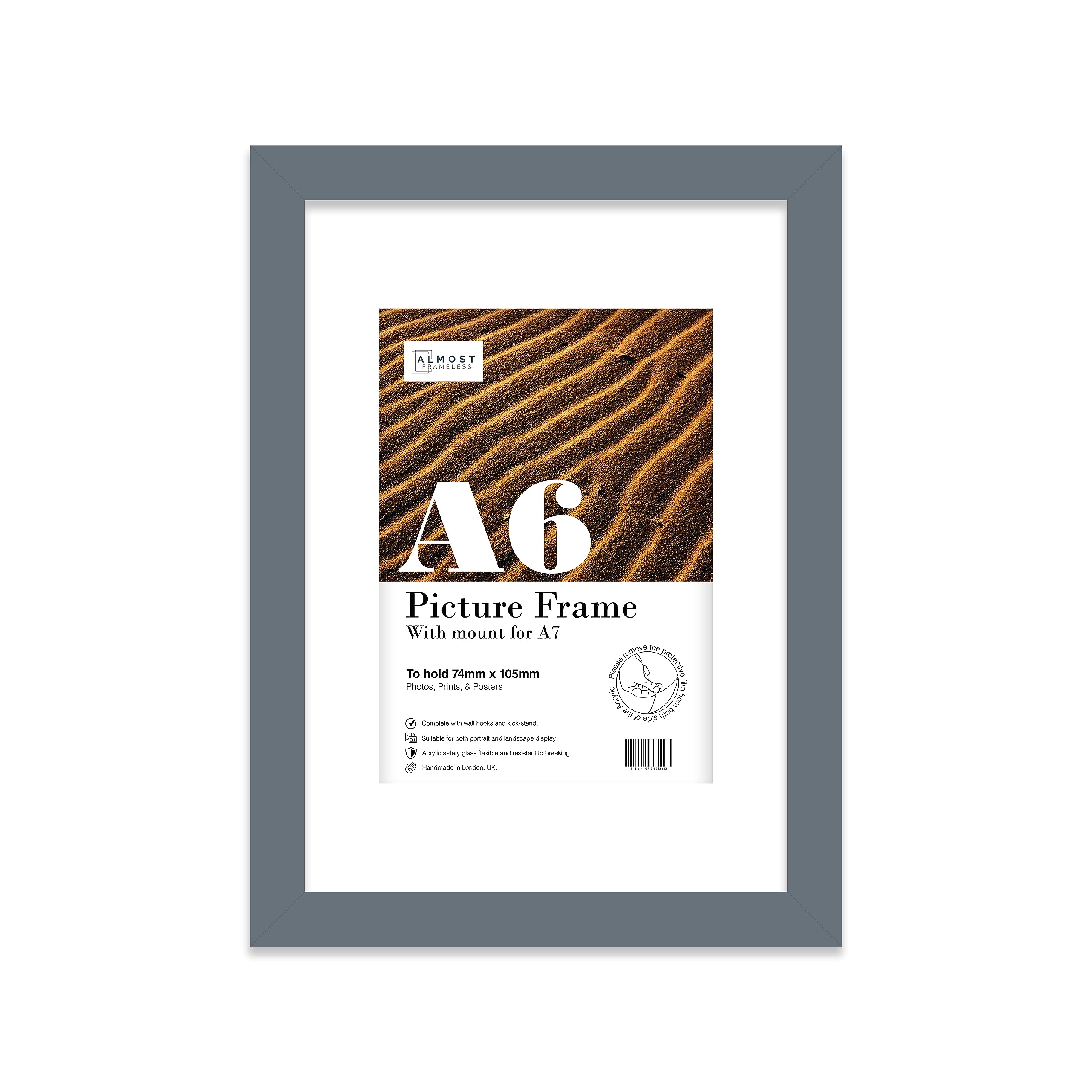 Almost Frameless A6 Grey Picture Frame With Mount for A7 Print, Poster or Photo Poster, Photo, Artwork, or Print. Thin Edge Slim Frame Portrait and Landscape Display with Wall Hooks — image 1