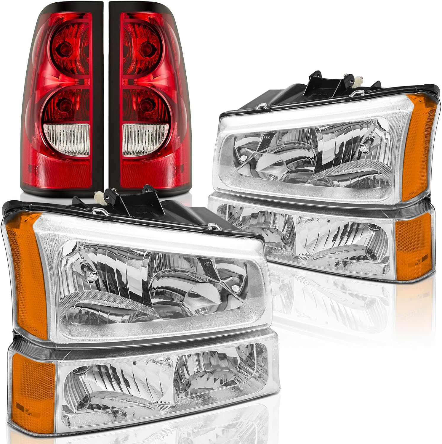 Headlights and Taillights Assembly Combo for 2003-2006 Chevy Silverado 1500 2500 3500 & 2007 Chevy Silverado Classic Replacement Head/OE Factory Style Rear Brake Tail Lights Lamps (LH RH),Chrome Amber Chrome Amber Headlights Red Taillights