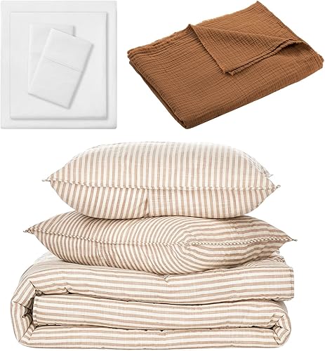 Nate Home mDesign by Nate Berkus Painted Stripe Quilt Percale Sheets Throw Blanket from mDesign - FullQueen Size - Beige Quilt, Pillow Shams,