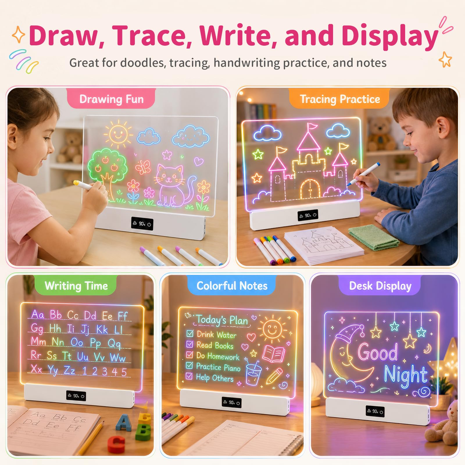 OUTON Pizarra LED para Dibujar Niños con 8 Colores y 3 Modos de Luz | Pizarra Luminosa Reutilizable con 7 Rotuladores y Plantillas, Juguete Creativo para Niña y Niño, USB-C