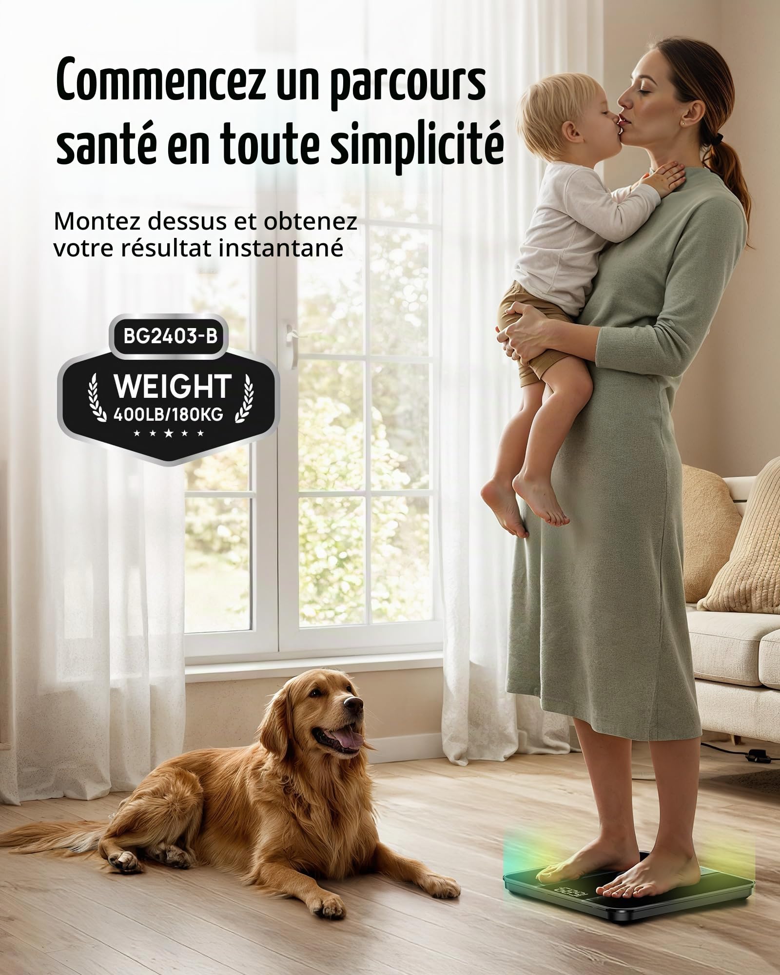 RunSTAR Balance Pese Personne, Haute précision avec grand écran rétroéclairé à LED clair, Pese personnes avec verre trempé de 6 mm, 180kg/400lb