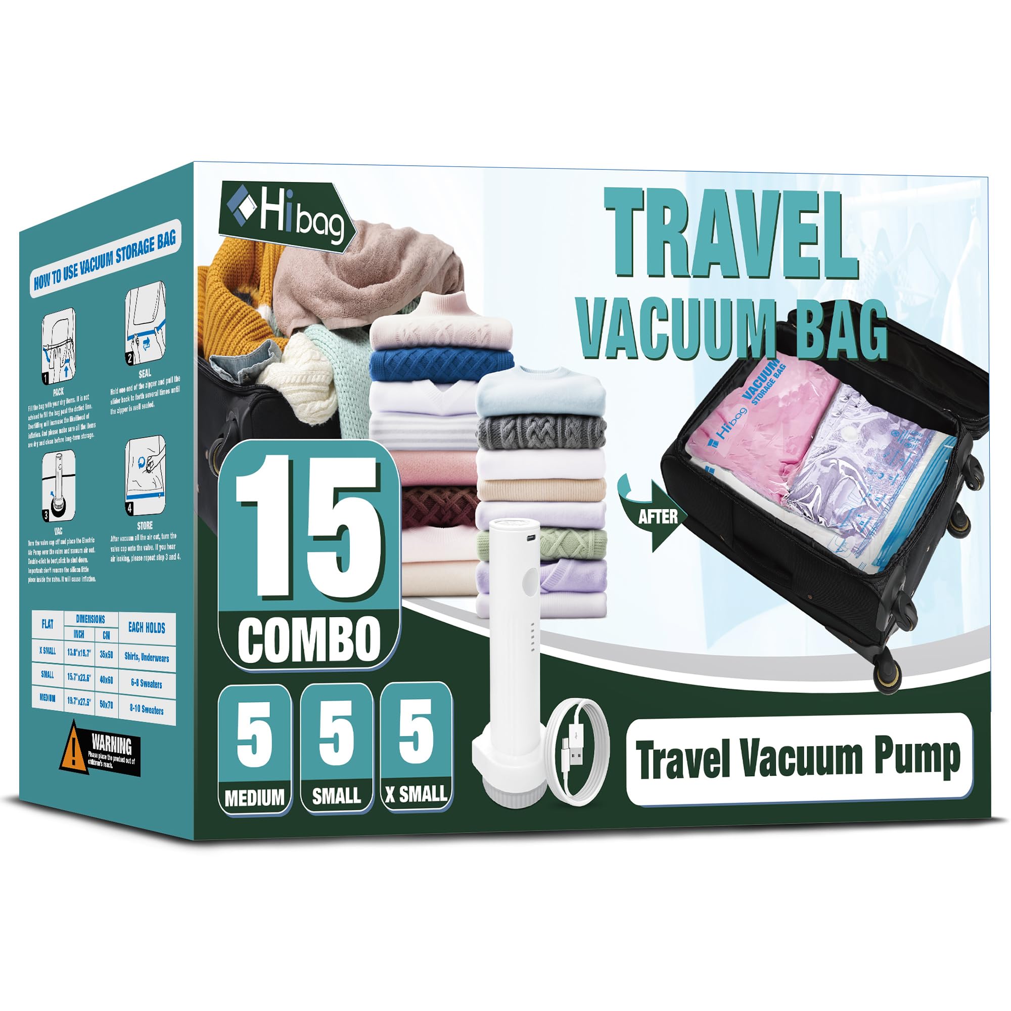 Travel Vacuum Bags with Electric Pump, Vacuum Travel Bags for Luggage and Suitcase, Combo 15 Pack