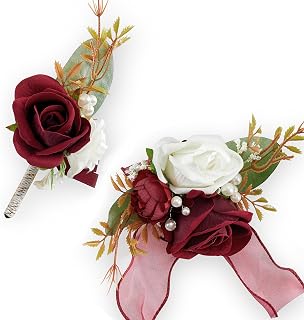 SITUMEIZI 2Pcs Corsage and Boutonniere Set Wrist Corsage Bracelets and Boutonniere for Men Wedding Flowers Prom Suit Accessories