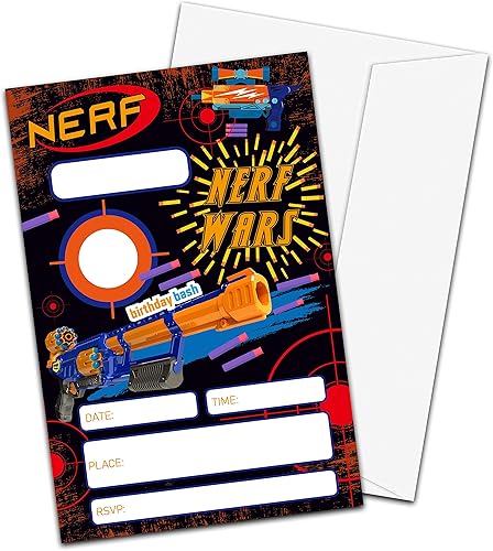 Invitaciones de cumpleaños de pistola de dardos con sobres (paquete de 20), invitaciones de fiesta de cumpleaños estilo relleno de 4 x 6 pulgadas -