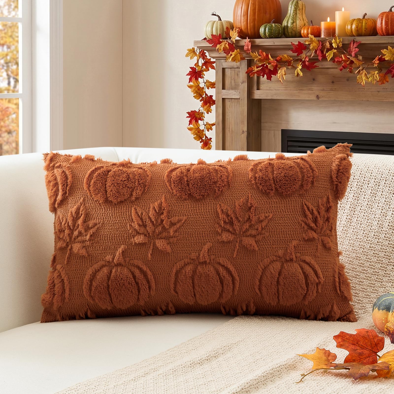 Sungeek Fall Cushion Covers 30x50cm, Pumpkin Maple Leaves Autumn Thanksgiving Decoration Throw Pillow Covers Farmhouse Soft Plush Faux Fur Pillow Case for Sofa Bedroom Living Room, Rust
