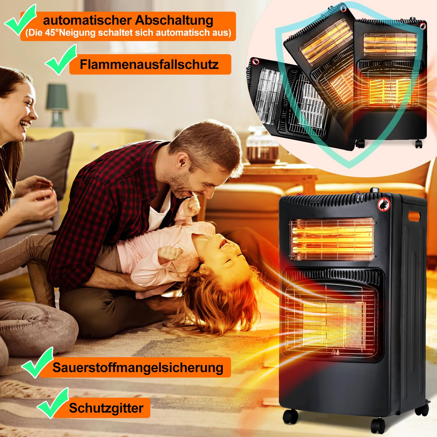 Chauffage au gaz 4200 W et chauffage électrique 1200 W - Chauffage au gaz infrarouge - Avec 3 dispositifs de protection - Bouteilles de gaz jusqu'à 15 kg - Avec régulateur de pression de gaz