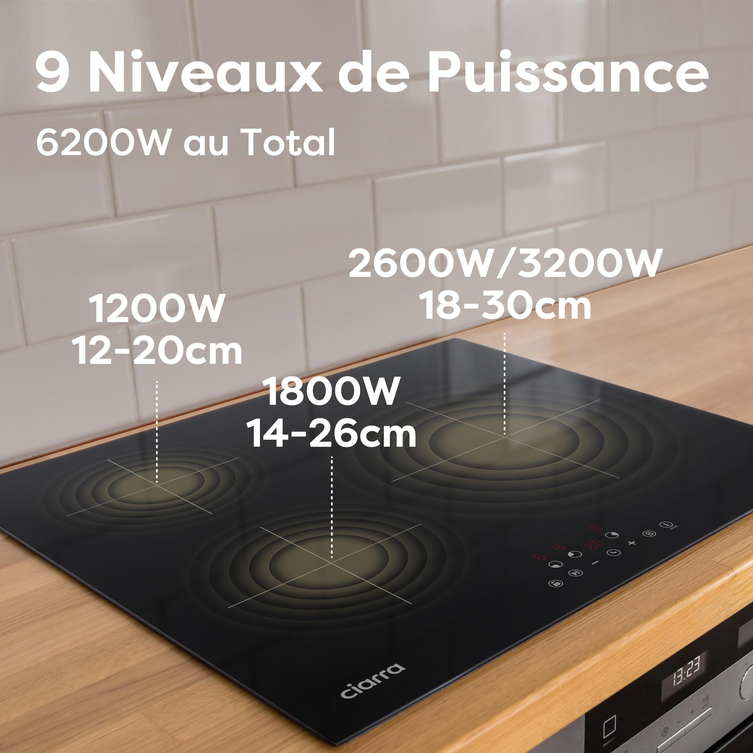 Ciarra Plaque Induction 3 Feux Encastrable 60cm 6200W Fonction Boost | Sécurité Enfant, Puissance Limitée, Minuteur, 9 Niveaux, Fonction Pause, Verre vitrocéramique, CBBIH3