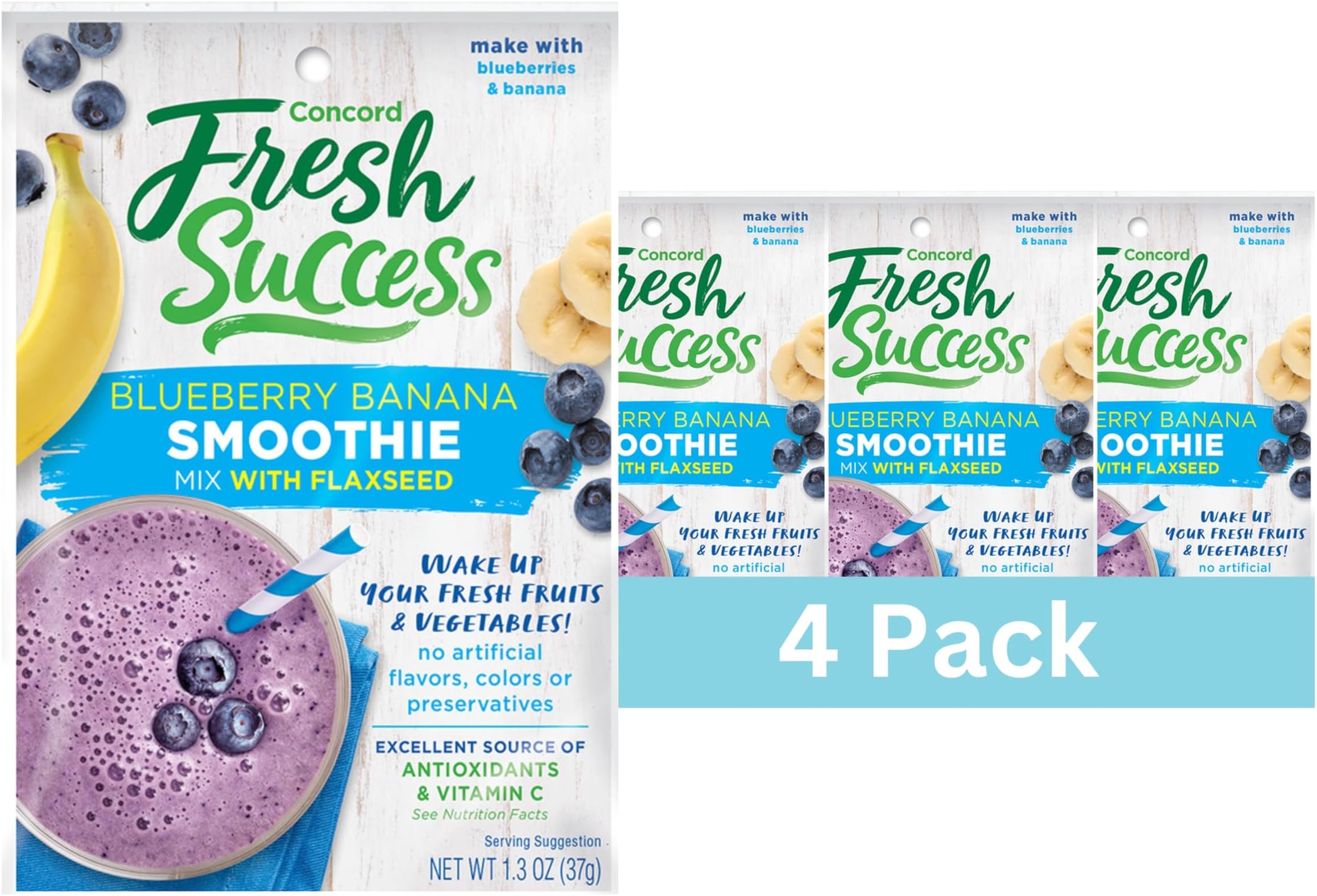 Concord Foods Concord Blueberry & Banana Smoothie Mix with Flaxseed (4 Pack) 1.3 oz Packets
