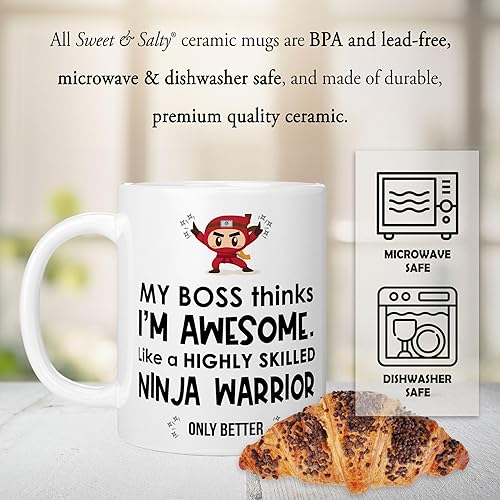 Miniatura 4 de Sweet & Salty Taza de café con texto en inglés "My Boss Thinks I'm Awesome", aniversario de trabajo, regalos para empleados, agradecimiento de