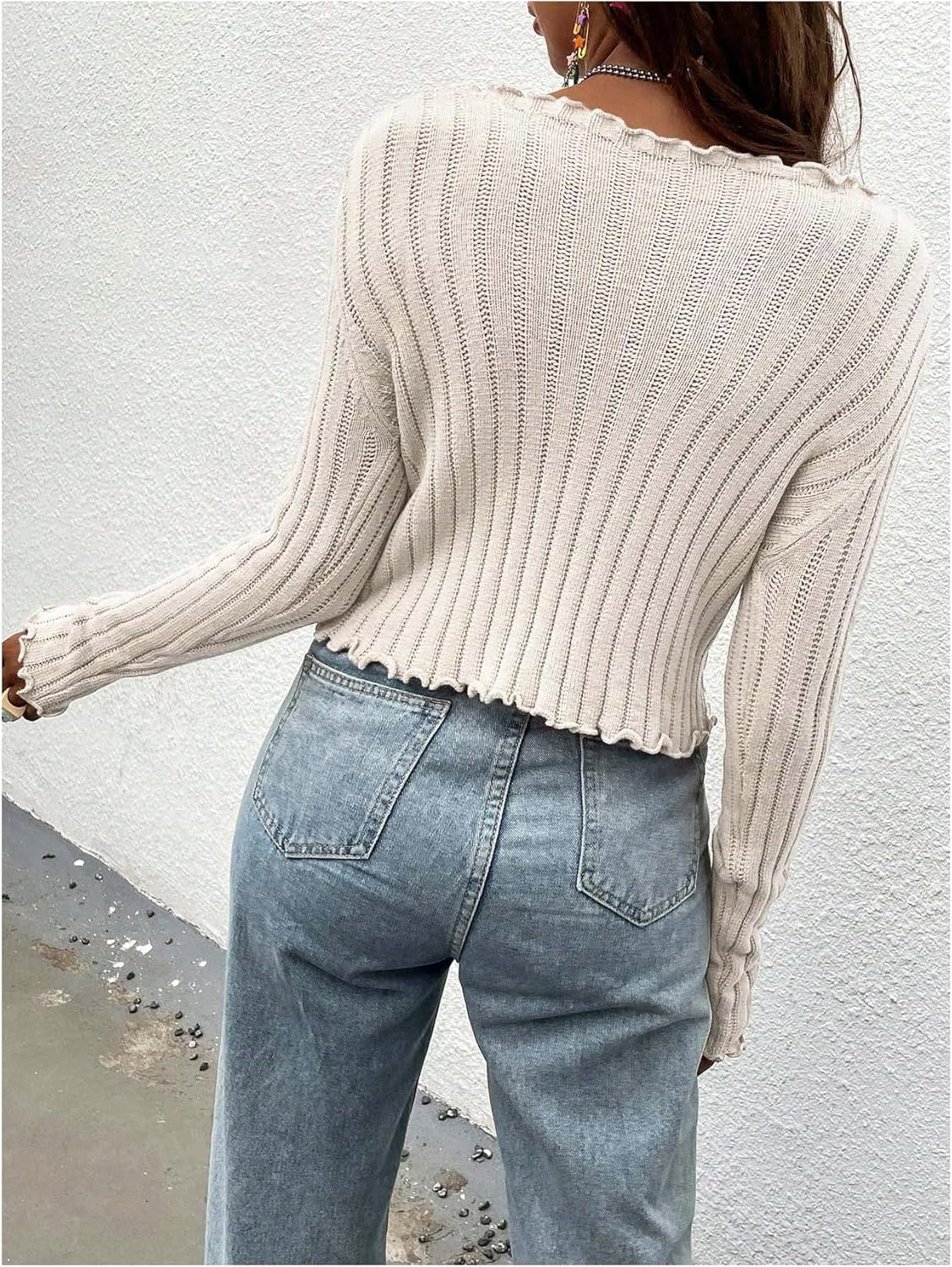 SHENHE Women's Ruffle Cardigans Sweater Y2k Tie Front Long SleeveCable Knit Crop Sweater Bolero - Image 2