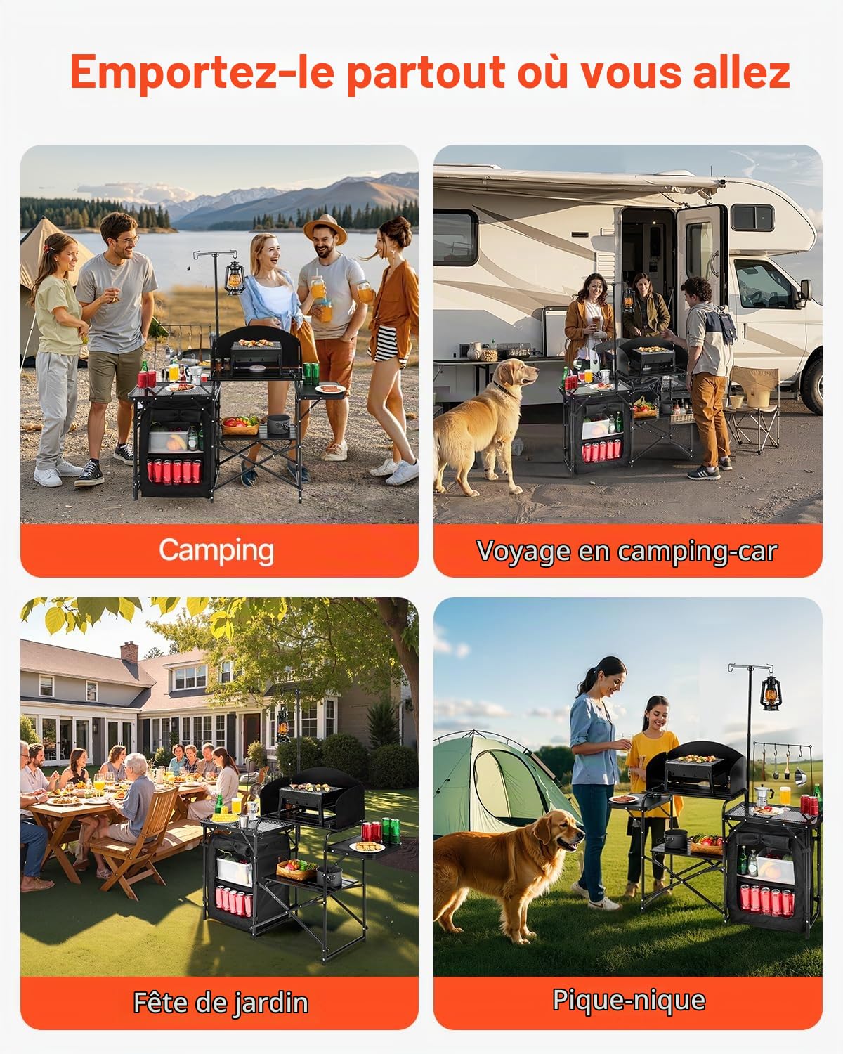 VEVOR Cuisine de Camping Portable en Aluminium, Table de Camping en Plein air, avec Placard de Rangement, Sac de Transport, Pare-Brise Amovible, Installation Rapide pour Barbecue, Pique-Nique, Noir
