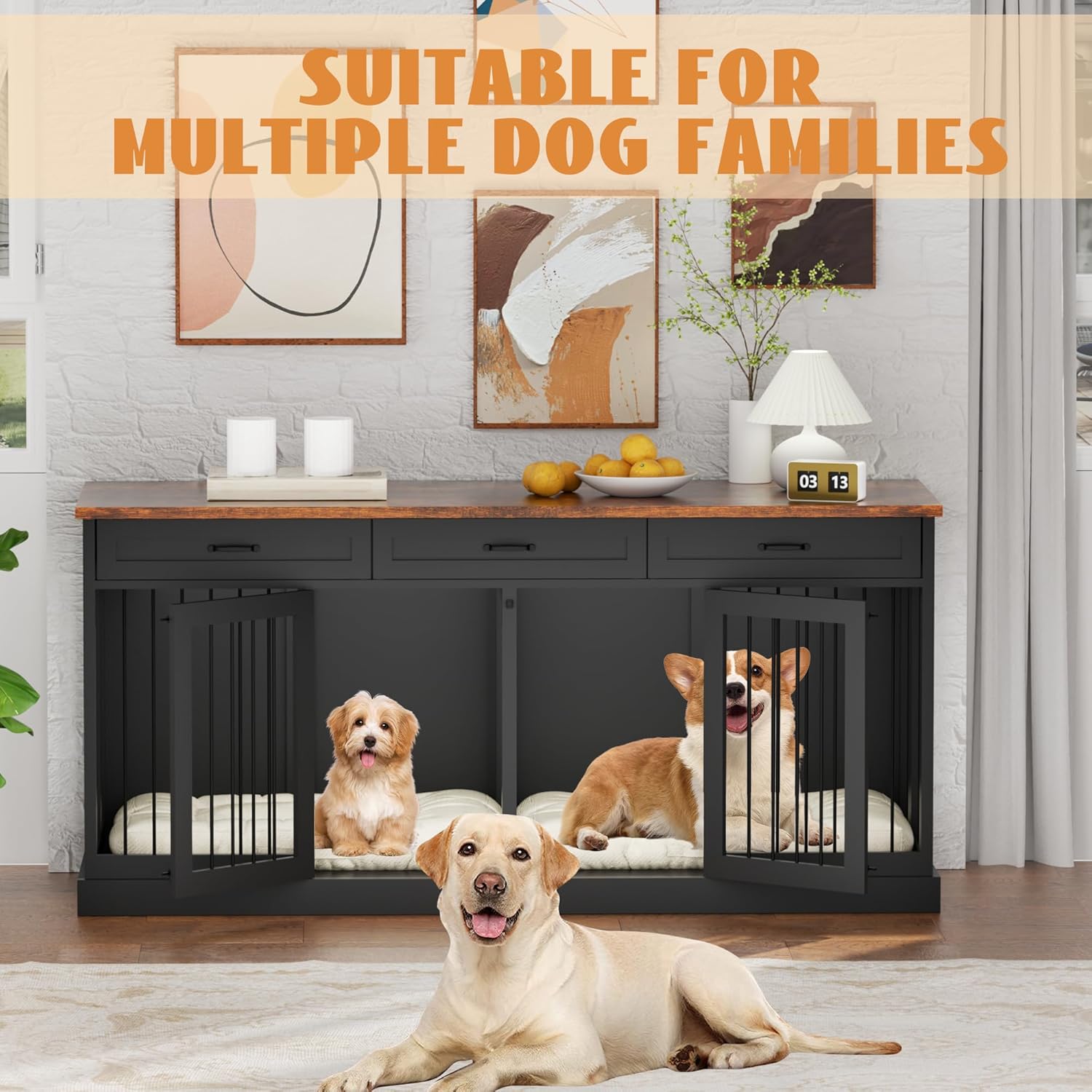 70.9 inches Dog Crate Furniture for 2 Dogs Double Dog Crate Wooden Heavy Duty Dog Kennel Furniture TV Stand with 3 Drawers for Large Medium Dogs Black