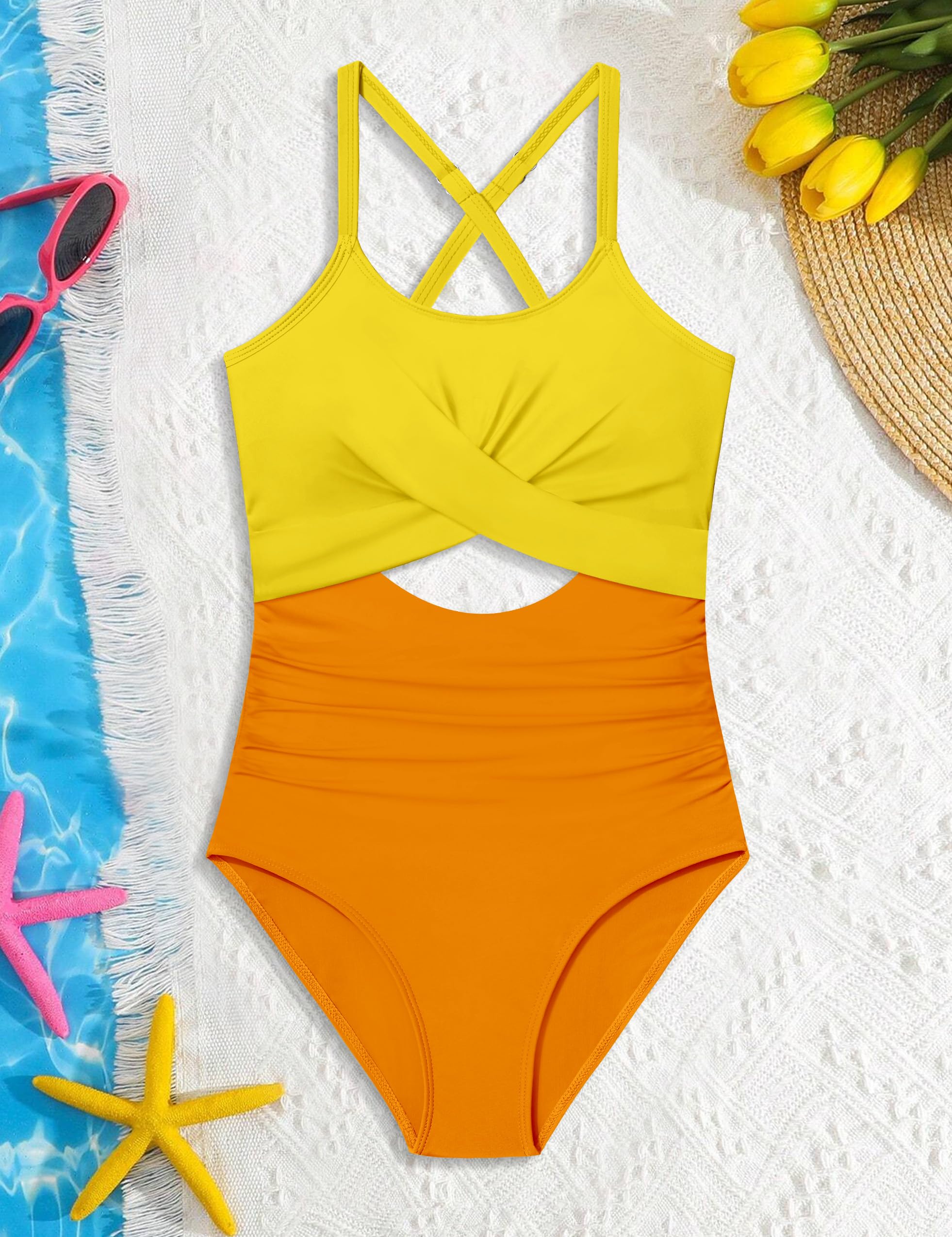 Maillot de bain une pièce pour fille - Col en V - Bretelles réglables - 9 à 16 ans