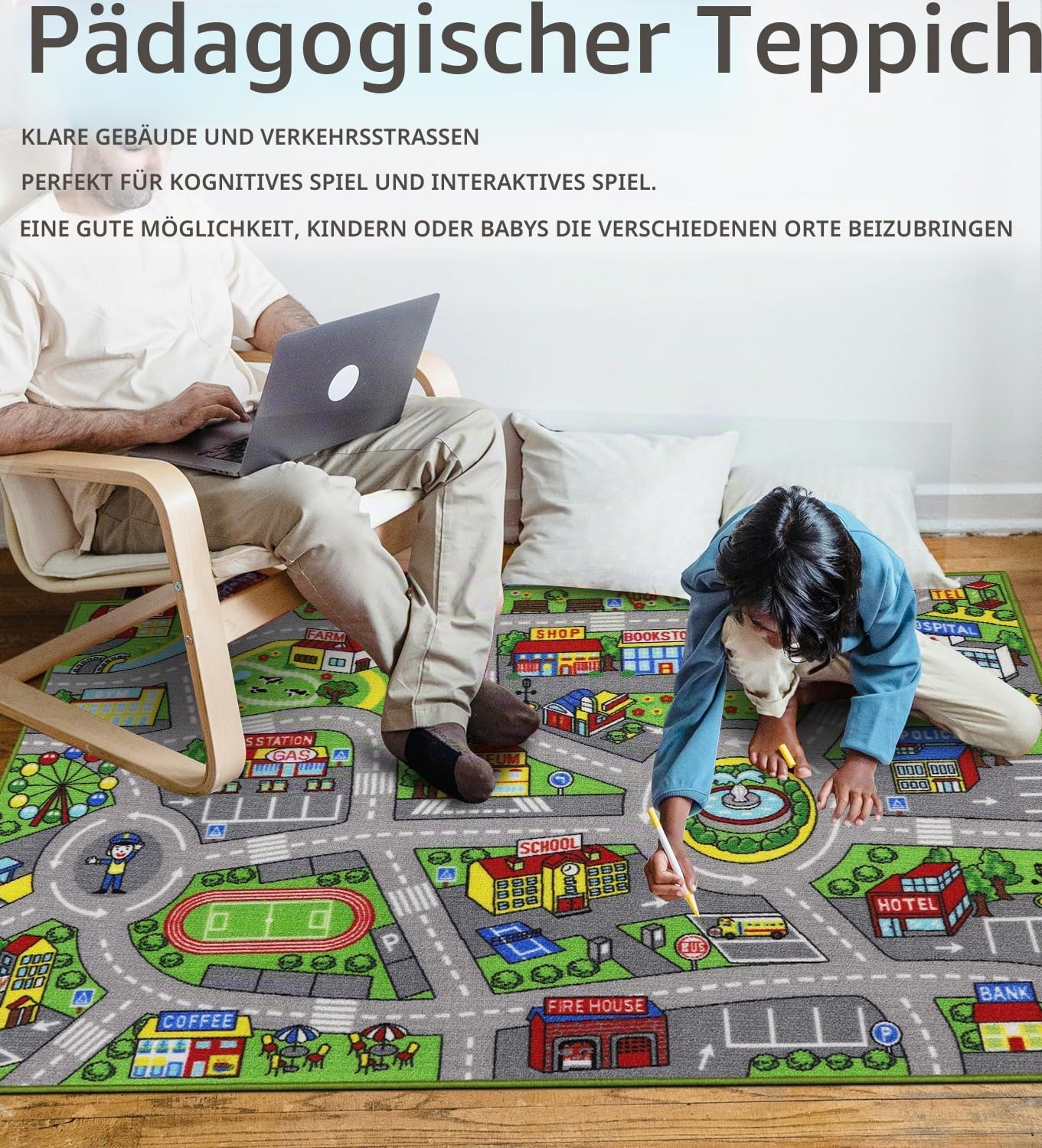 Capslpad Autoteppich Kinder 100x160cm rutschfest Kinderteppich Stadtplan Interaktiver Spielteppich Waschbar Kreativ Pädagogisch Spielmatte für Kinder Teenager Kinderzimmer Spielzimmer Dekor, Grün