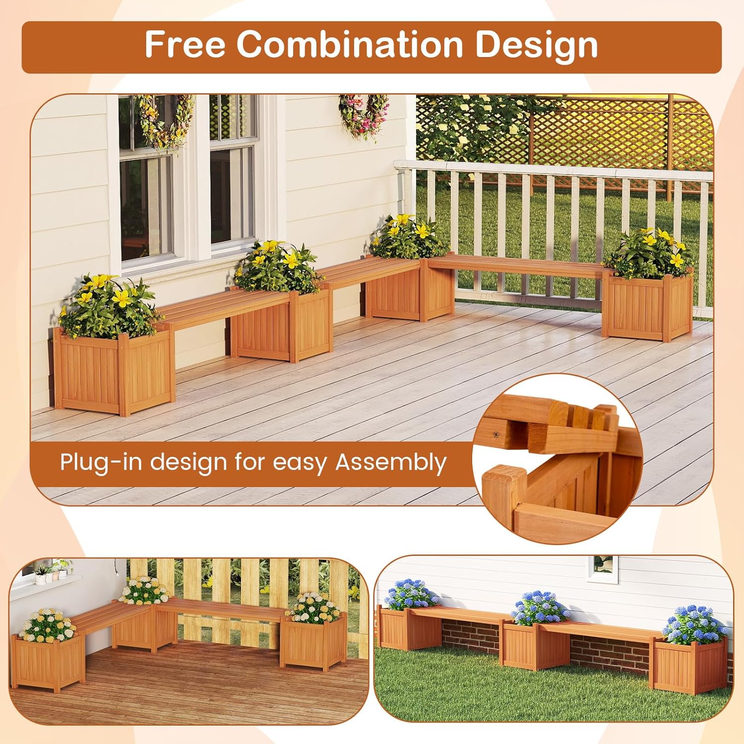 2-in-1 Outdoor Planter Box with Bench, Outdoor Bench with 2 Raised Garden Beds, Open-Ended Base Planter Box, Teak Oil Finish Wood Seat, Garden Bench Seat for Porch Balcony Lawn Yard