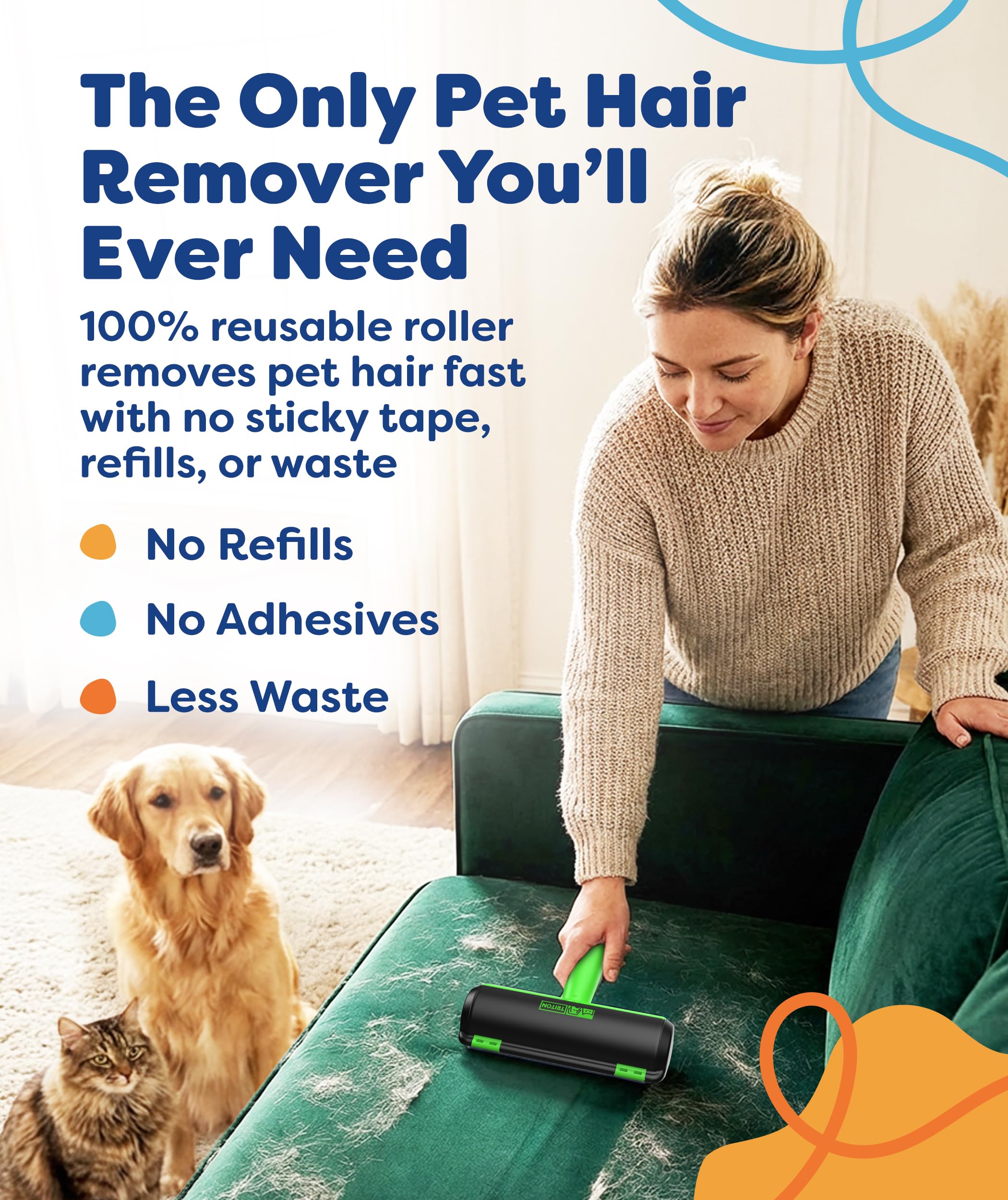 Triton Pet Hair Removal Tool w/Fur Trapping Compartment, 60% Smaller Storage Size, Reusable Shedding Roller, Cat and Dog Hair Remover for Car, Furniture, Carpet, Couch (Green) - image 2