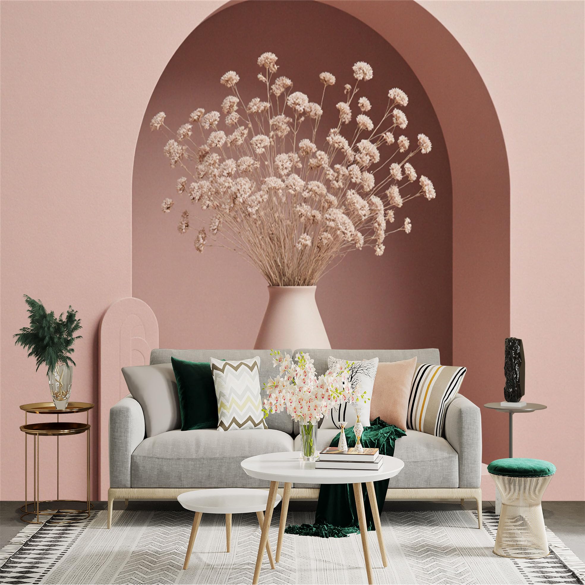 Custom Size Wall Sticker Mural， Dried Flower Bouquet in Minimalist Vase， Elegant Blush Pink Archway Decor， Modern Home Interior Art， for wall Decoration， peelandstick wall Decals.