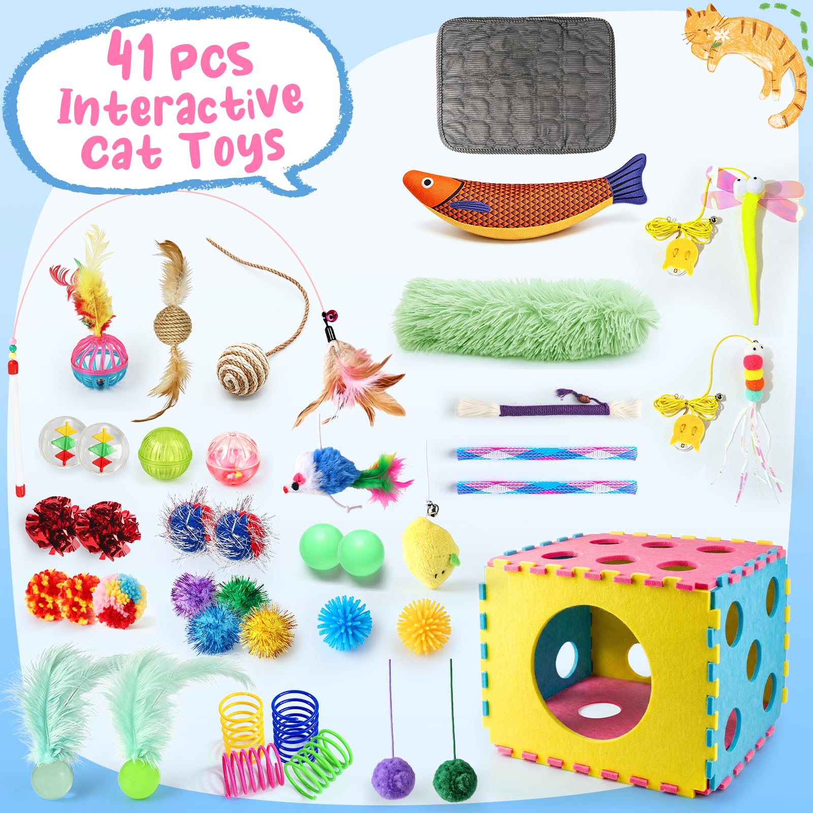 CENOVE Set di 41 giocattoli interattivi per gatti da appartamento, include tappetino morbido, giocattolo per gatti autoimpegnativo, corda da masticare, pesca da gioco, giocattolo con piume e diverse