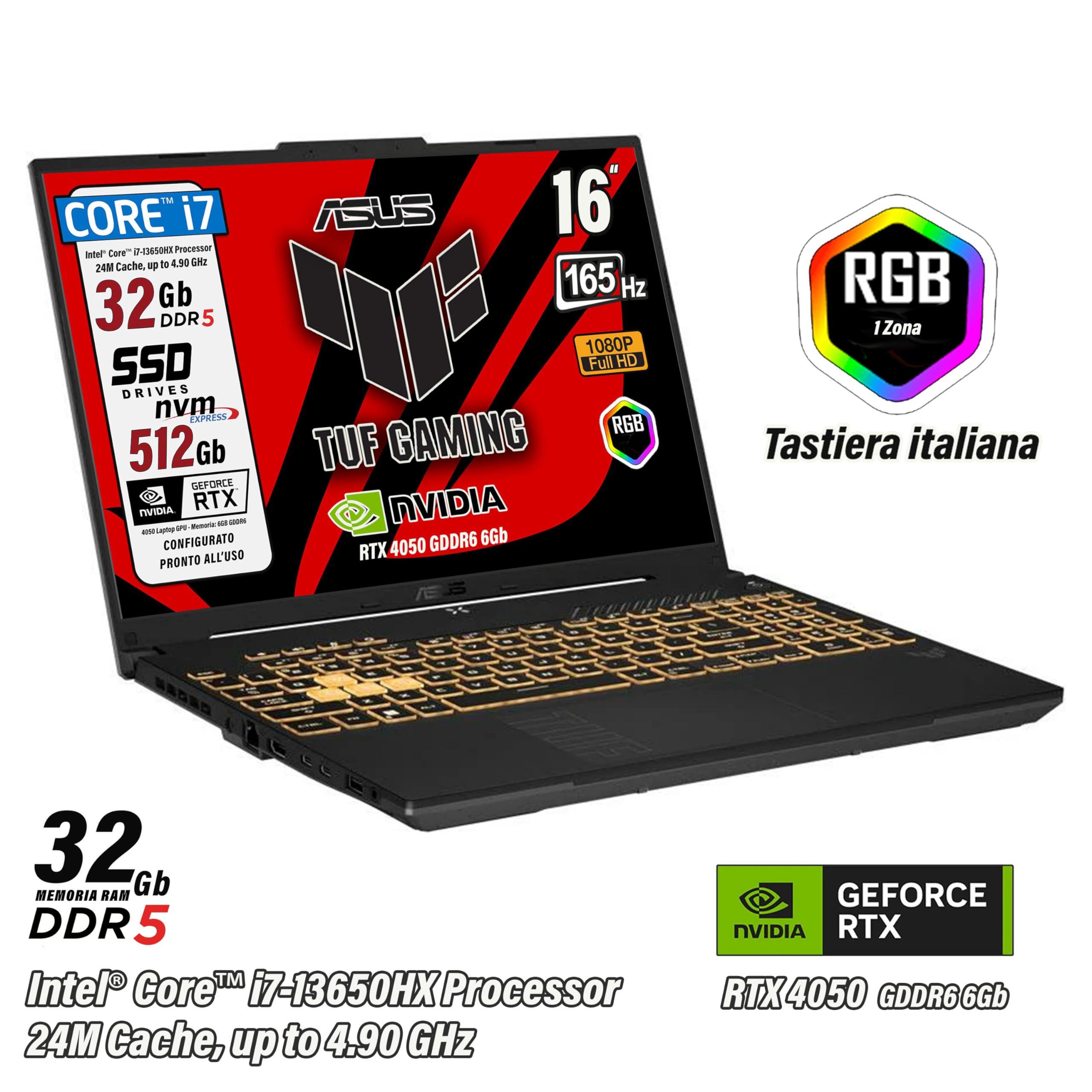 ASUS TUF Notebook Gaming Intel Core i7 13650HX Display 16" FullHD+ | 14 Core fino a 4,9 GHz, RAM 32 GB DDR5, NVIDIA GeForce RTX 4050, SSD NVMe 512 GB, 165Hz Win 11 Pronto all'Uso