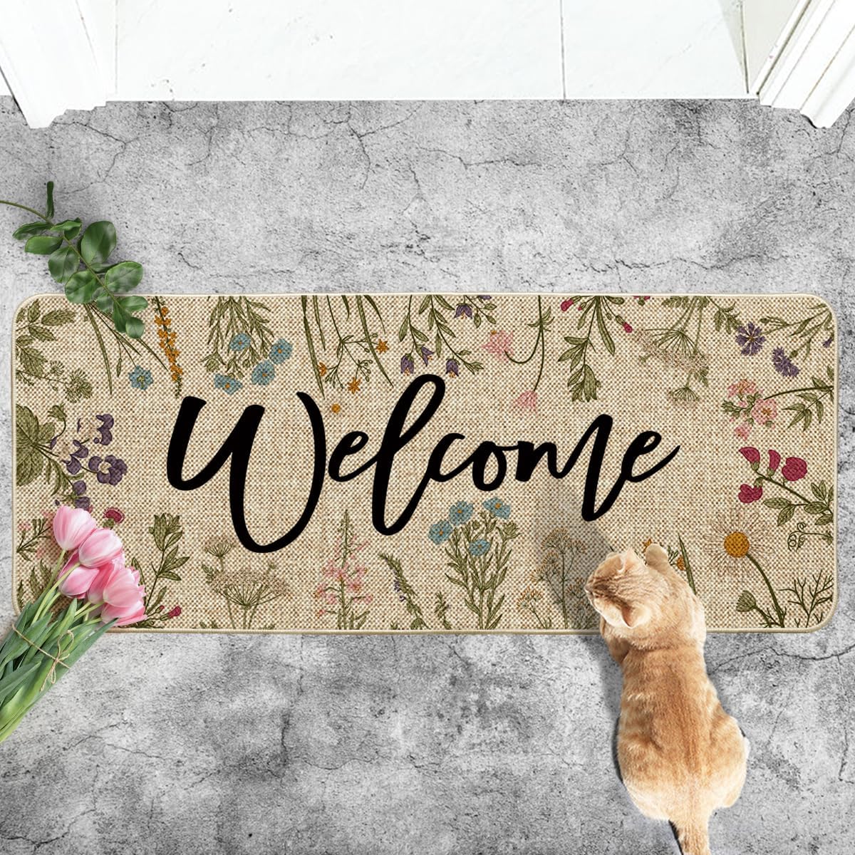 Artoid Mode Wild Flowers Welcome Spring Doormat, Summer Home Decor Low-Profile Switch Rug Door Mat Floor Mat for Indoor Outdoor 24x59 Inch