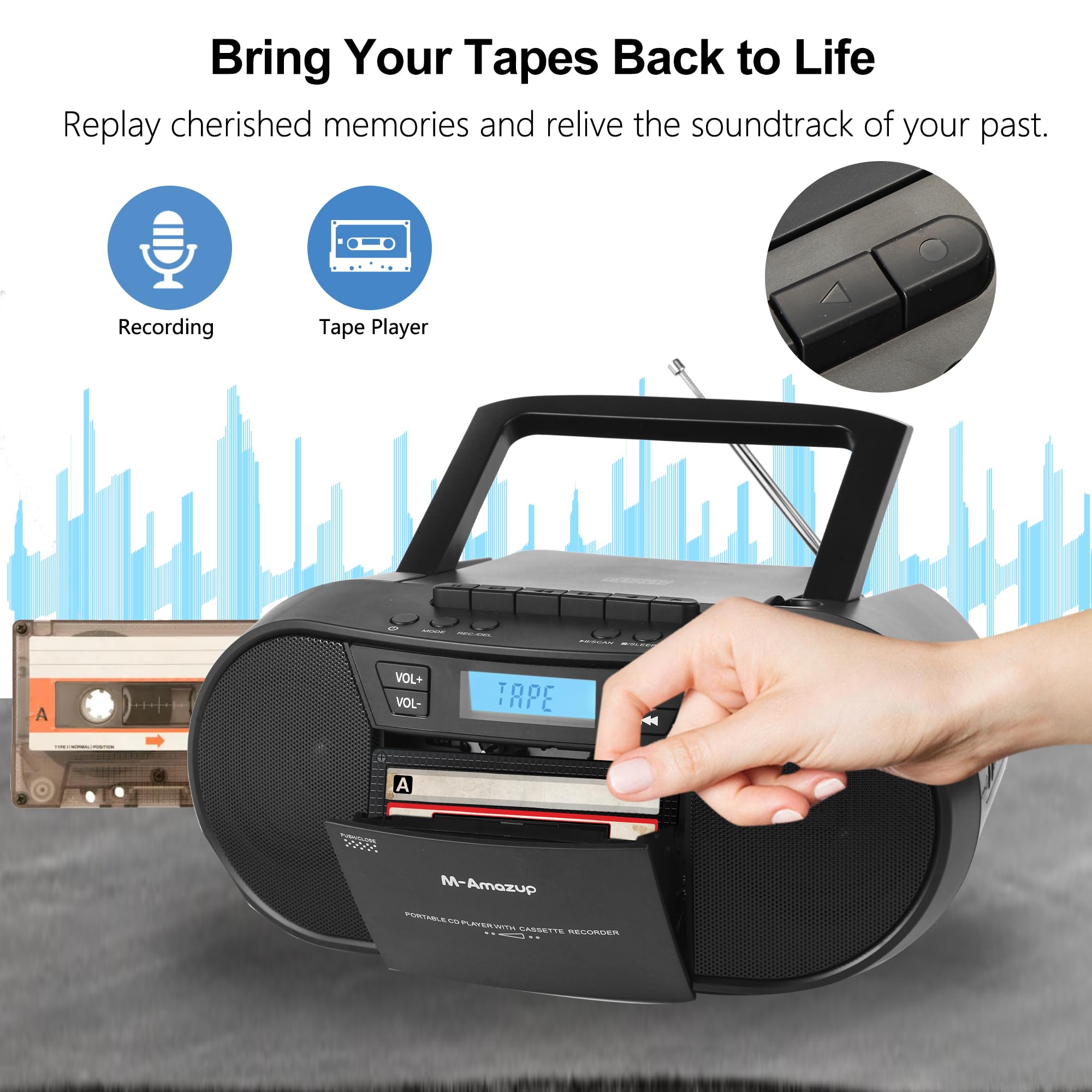 M-Amazup Boombox CD Player Portable, Cassette Player Combo with CD