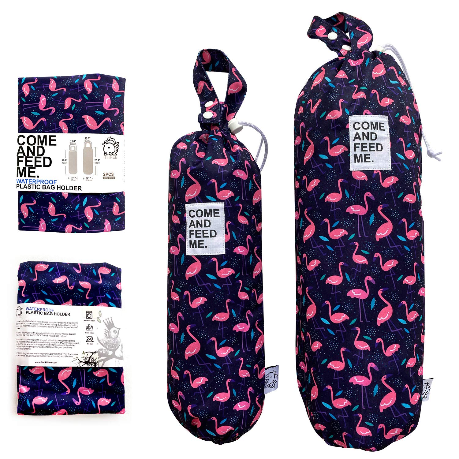 2 bolsas de basura de plástico impermeables para comestibles, organizador de bolsas de almacenamiento de cocina, dispensador de bolsas de almacenamiento de múltiples diseños, tamaños de flamencos