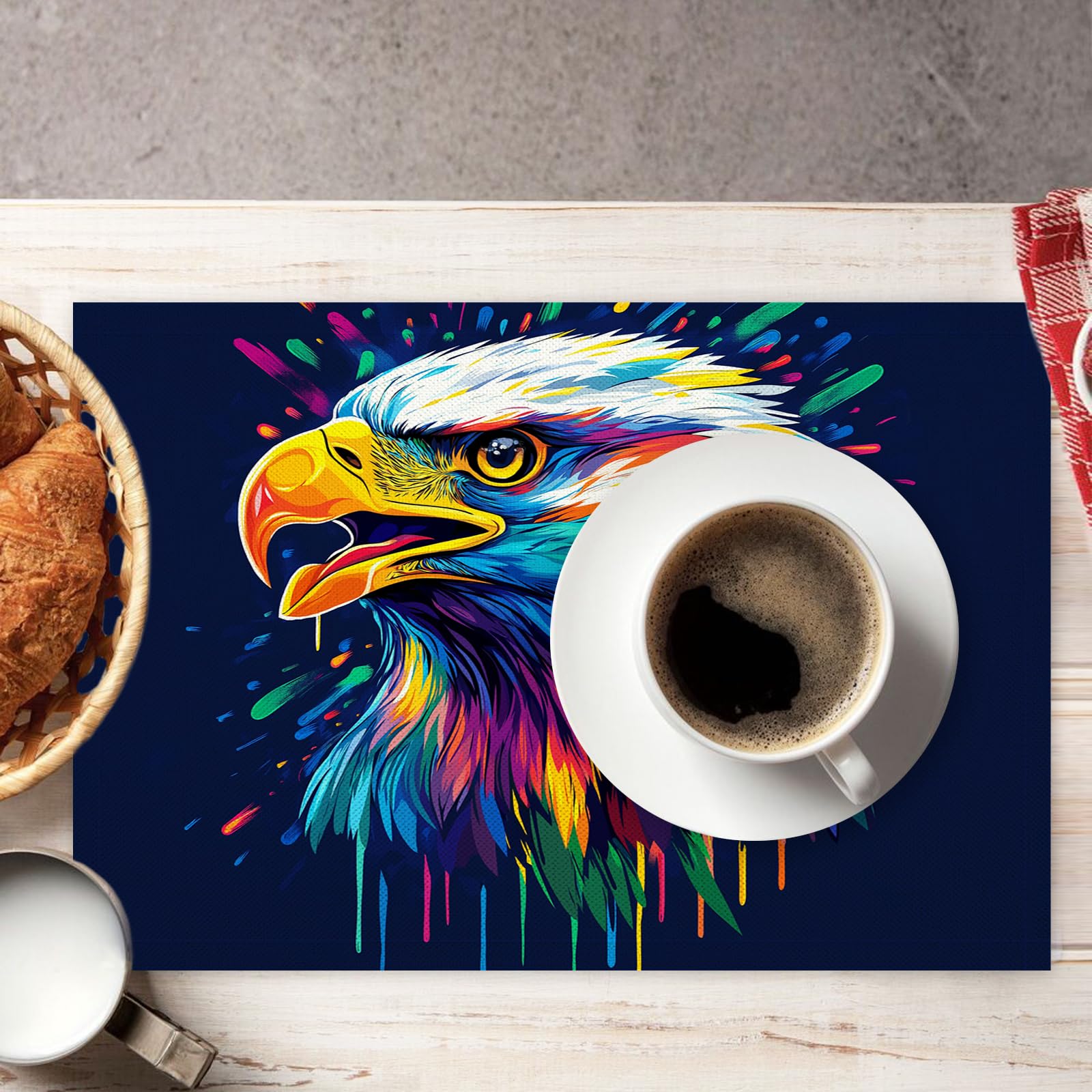 Tovaglietta Americana Animali colorati in Cotone Lino Rettangolare - Tovagliette Set di 8 Testa d'aquila graffiti Resistente al Calore per La Cucina, Il L'Ufficio, 30 x 45cm