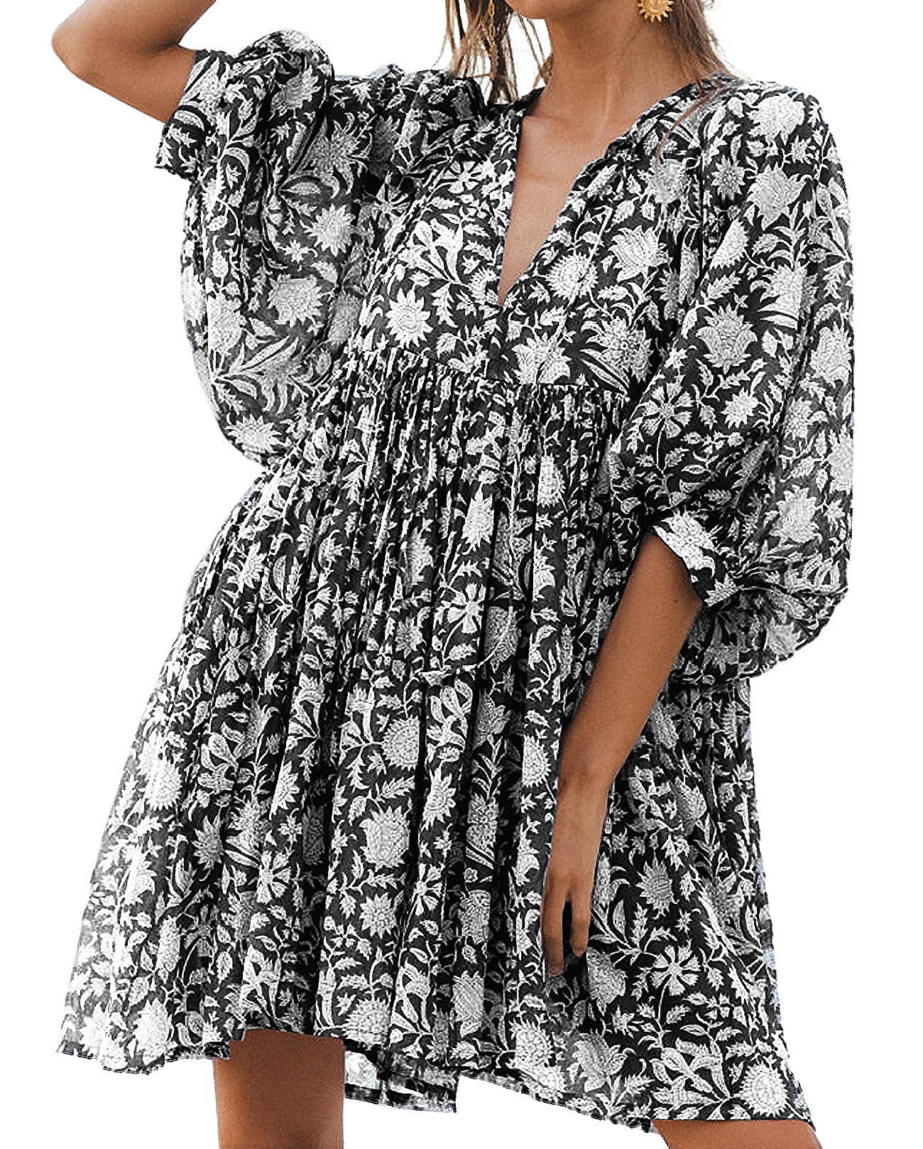 Womens Summer Boho Floral V‑Neck 3/4 Sleeve Babydoll Swing Mini Beach Dress