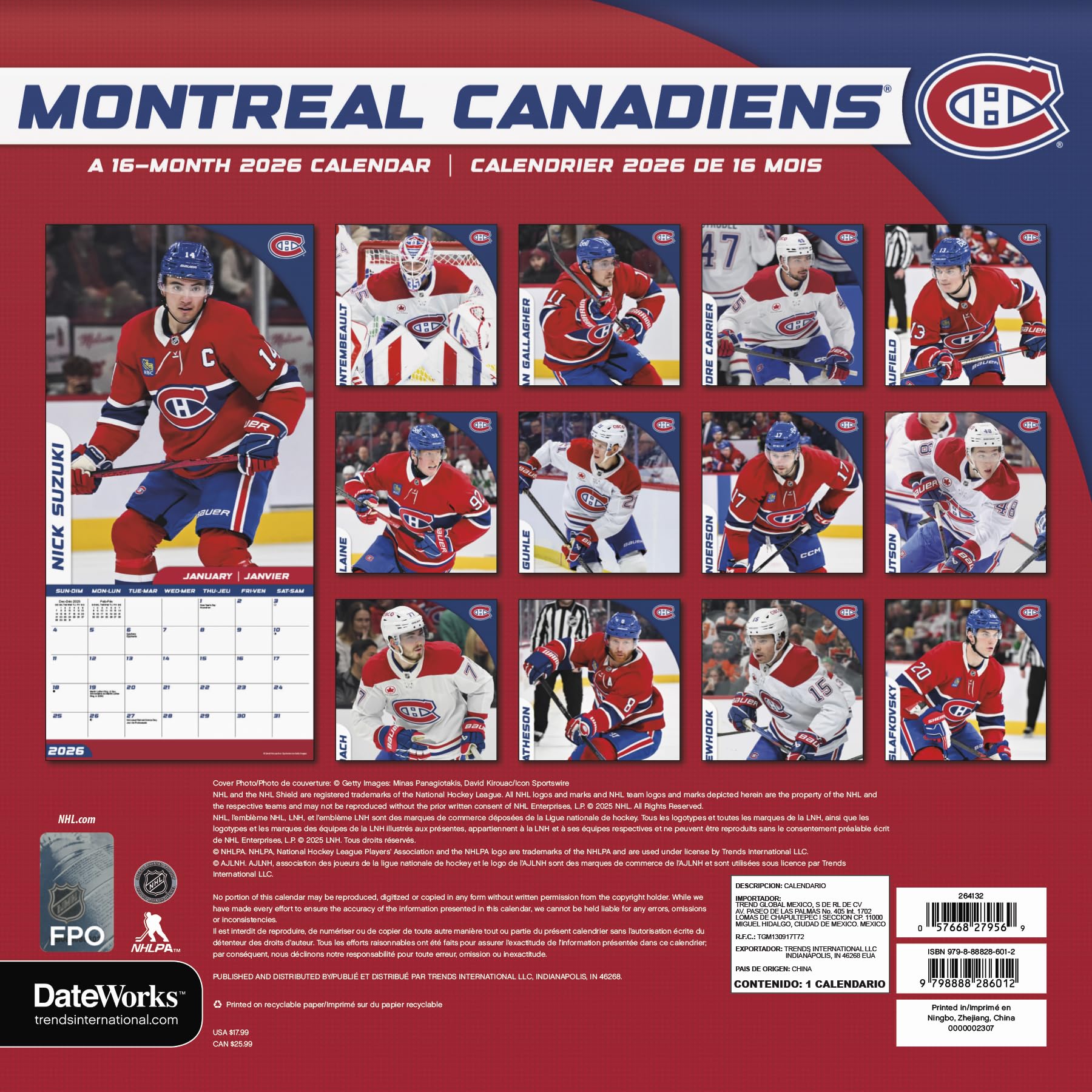 Calendrier mural 2026 Canadiens de Montréal (bilingue français)