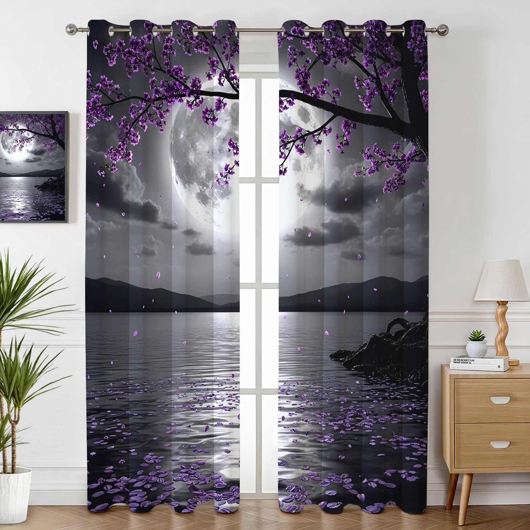 Mondlicht Kirschblüten Vorhänge Blickdicht Wohnzimmer Nacht See Motiv Vorhang mit ösen Gardinen 160 cm Hoch 2er Set Verdunklungsvorhänge für Schlafzimmer Fenster