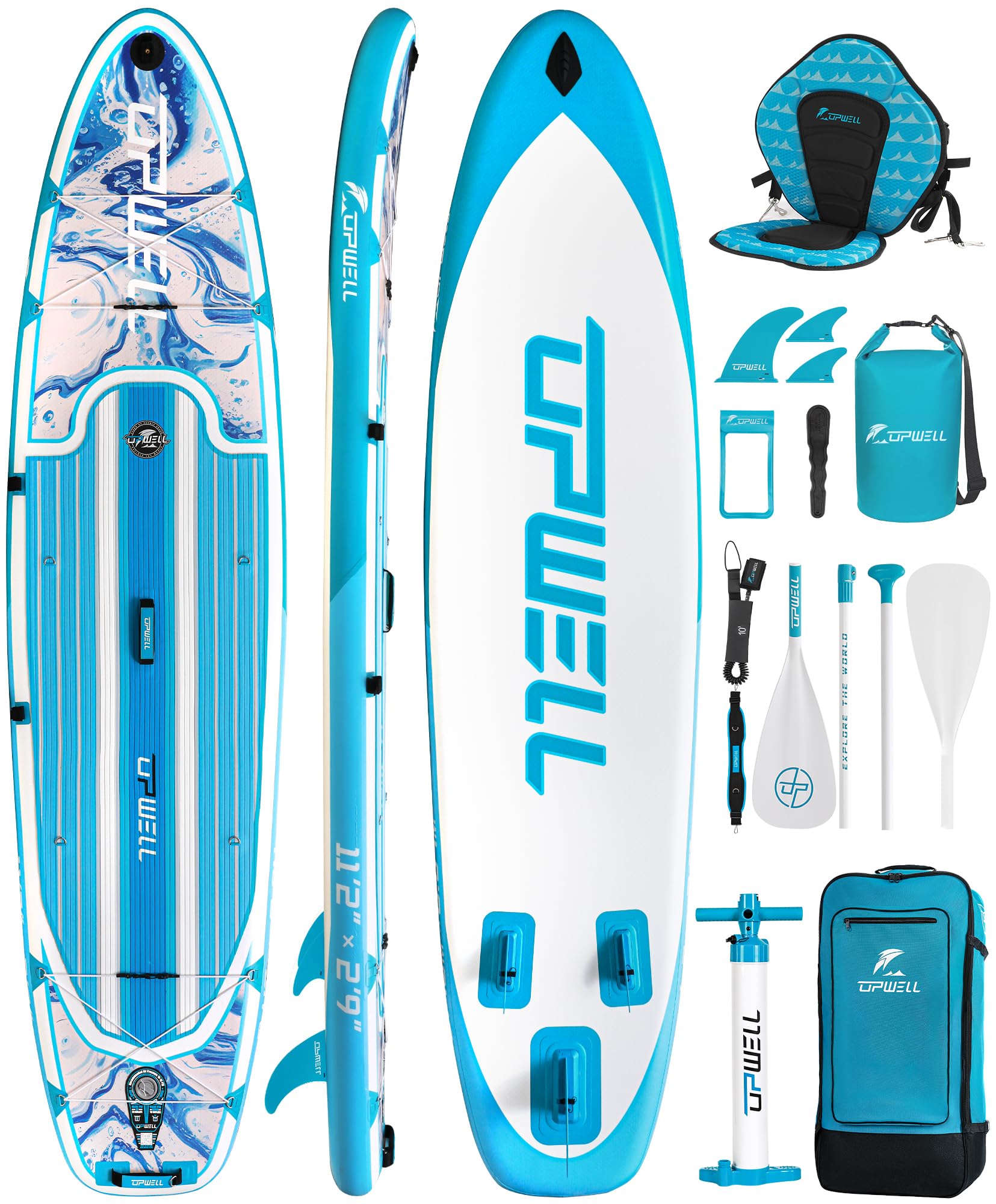 UPWELL Inflatable Stand Up Paddle Board with sup Accessories Including Backpack, Repairing Kits, Non-Slip Deck, Leash, 3 Fins, Paddle and Pump