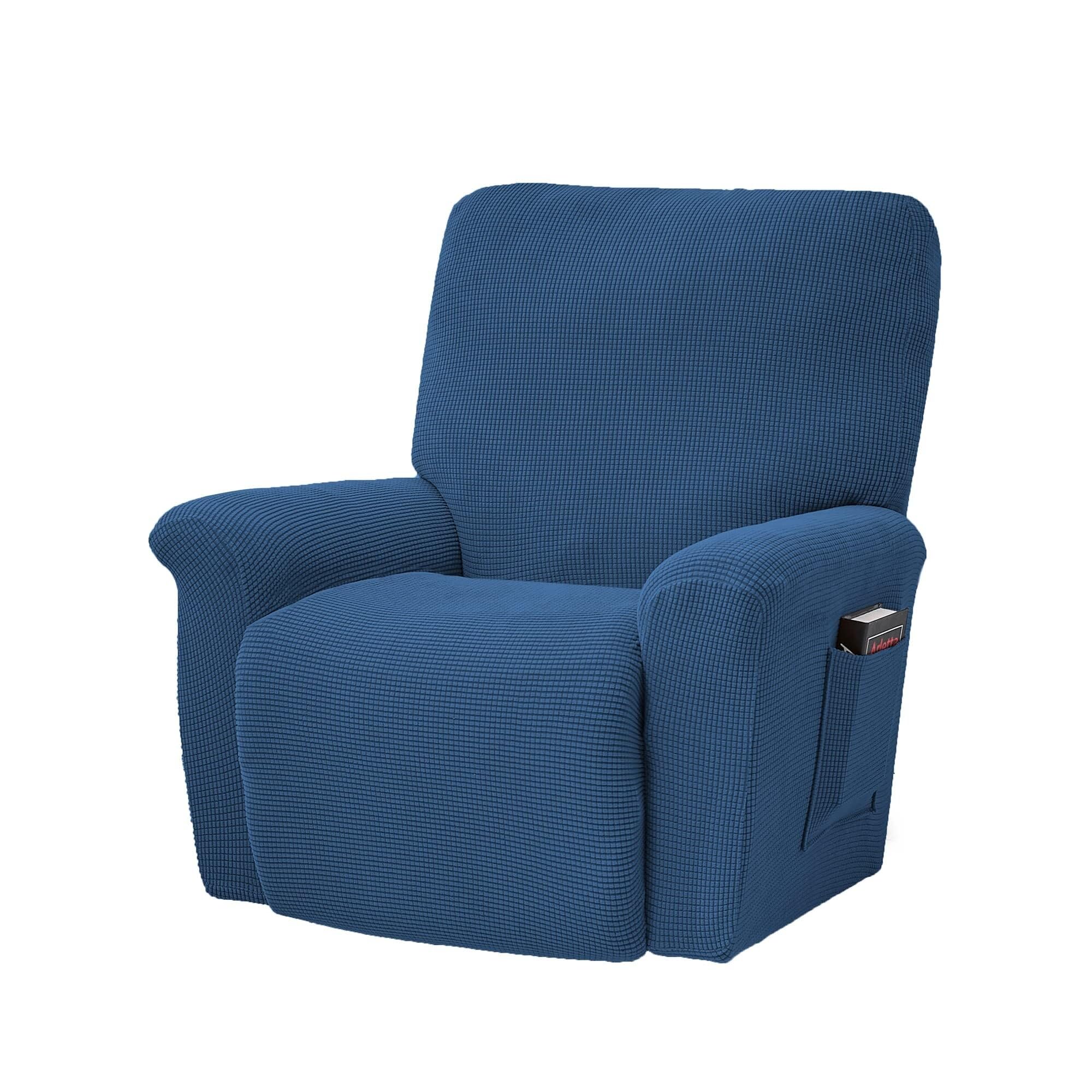 BEIWOSHA Stretch Recliner Chair Covers, 4-Piece Soft Sofa Cover Thick Single Seat Couch Cover Jacquard Recliner Slipcover with Pocket(Blue)