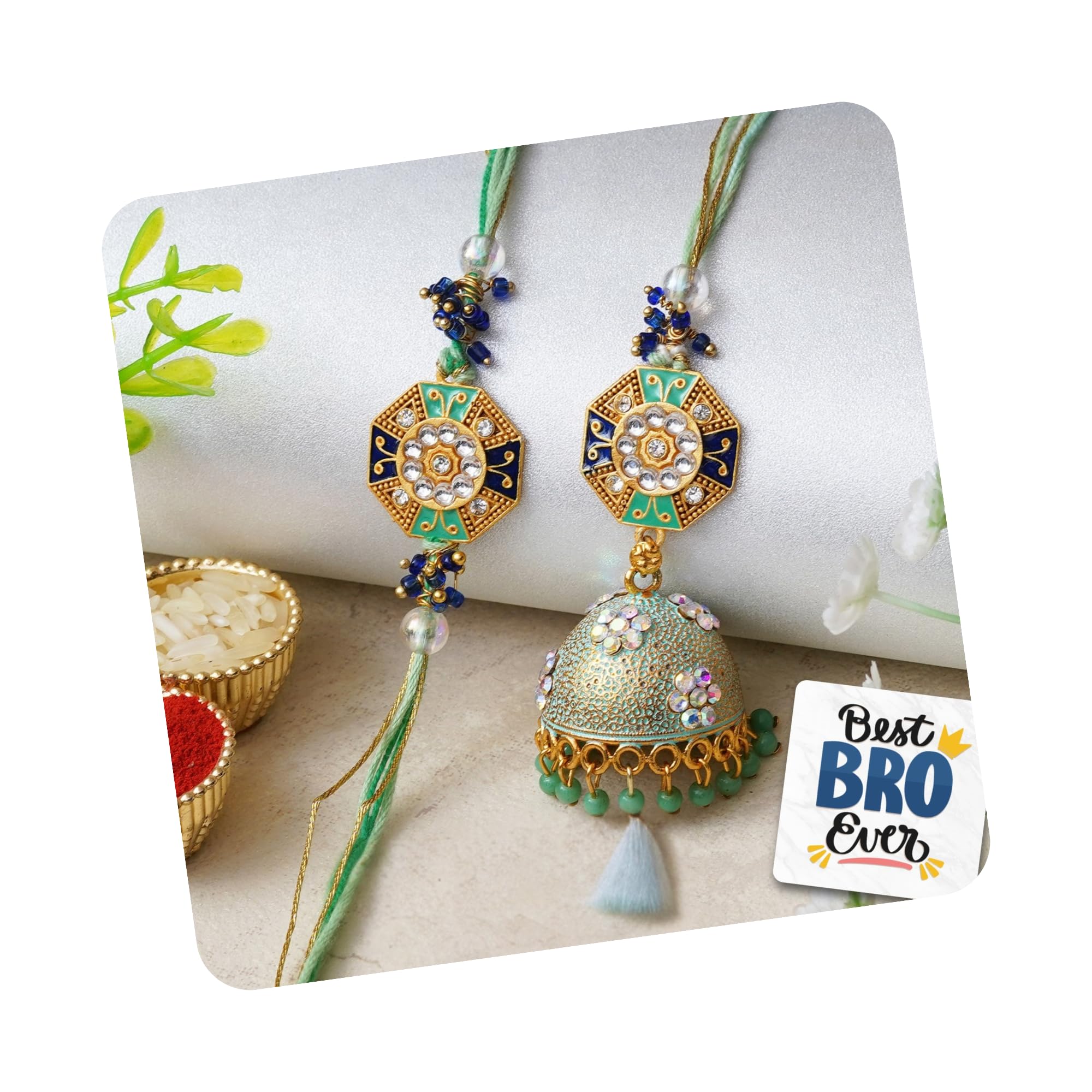 eCraftIndia Set of 2 Floral Designer Rakhis, Best Bro Ever Fridge Magnet with Roli Chawal Pack - Rakhis for Brother, Bhabhi, Kids-image-8