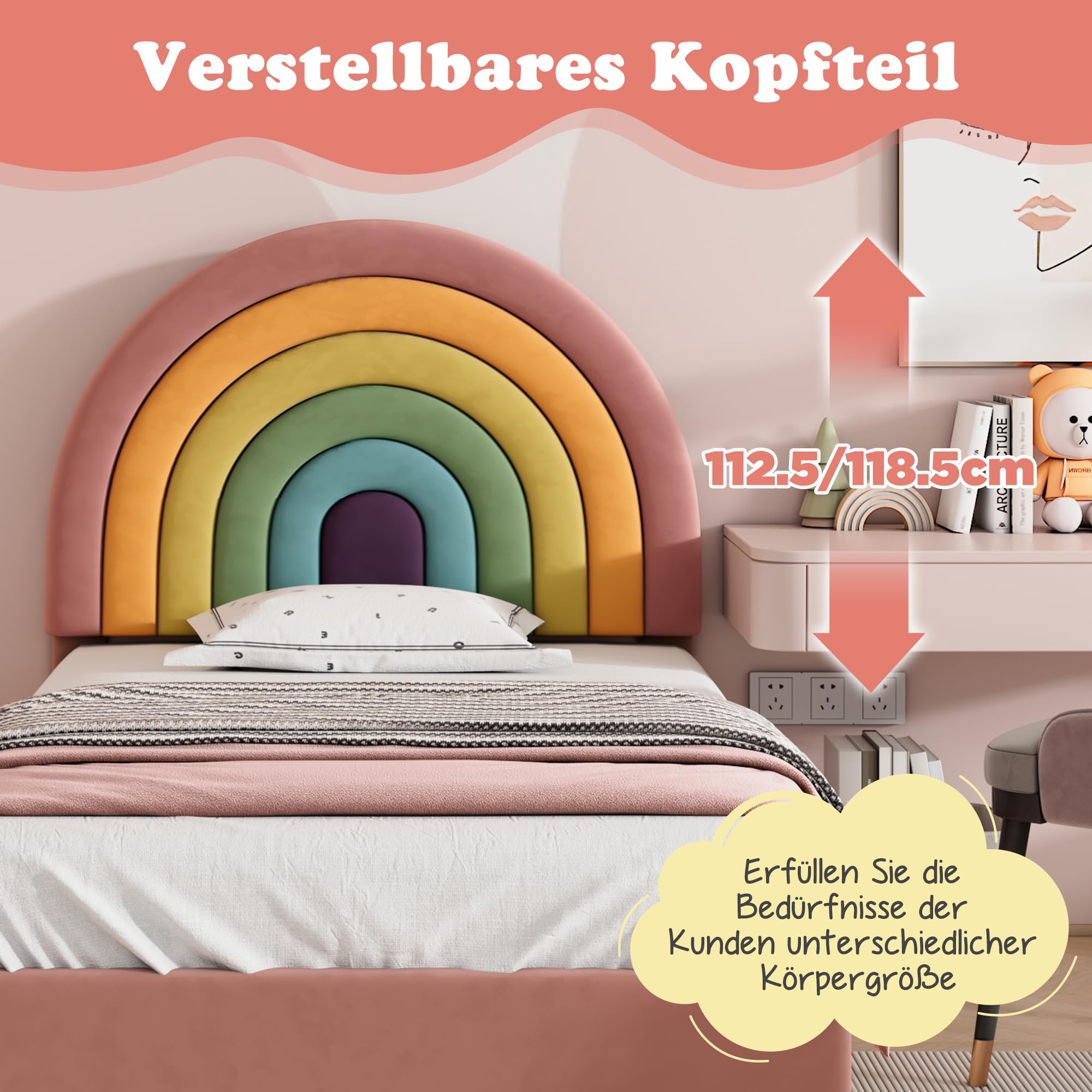 Azkoeesy Letto singolo imbottito per bambini e bambina, 90 x 200 cm, testiera arcobaleno, rivestimento in velluto, rosa