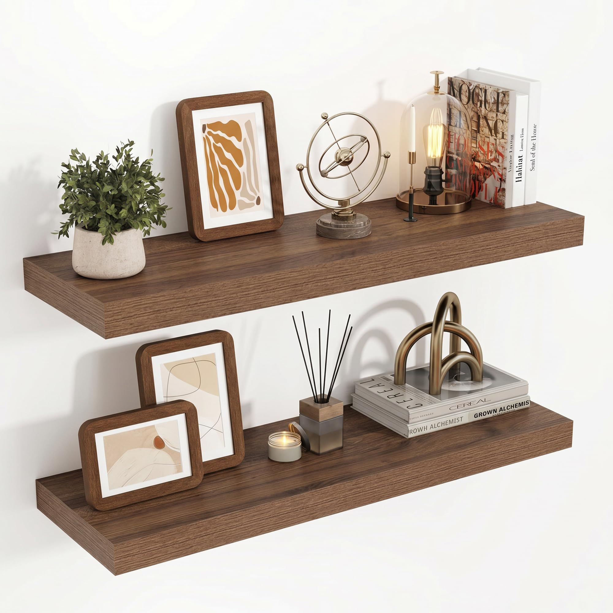 Acovy Floating Shelves for Wall, 23.5cm Extra Deep 80cm Long Wooden Wall Mounted Shelf, Wall Shelves for Living Room Bathroom Bedroom Kitchen, Walnut, Set of 2