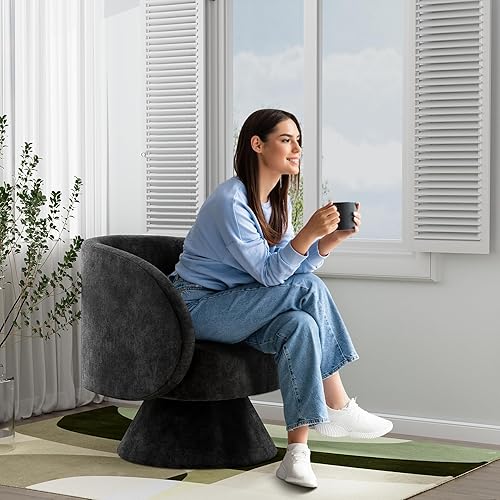 Miniatura 9 de OUYESSIR Sillas giratorias de barril, silla giratoria de 360 grados, silla redonda moderna con almohada, sillas de sala de estar de tela cómoda para